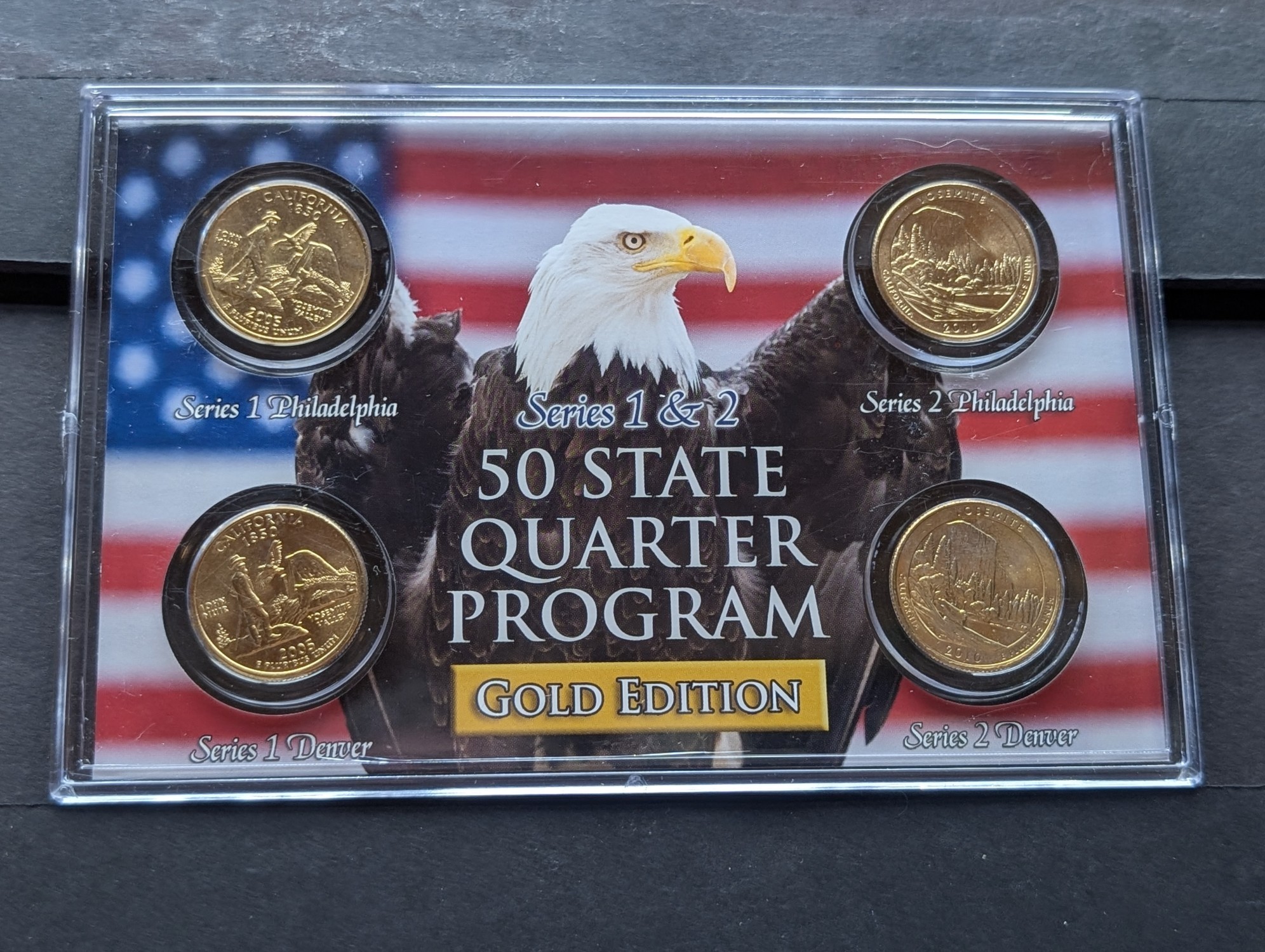 Gold (LAYERED) P&D Mint 2005 California Statehood & 2010 Yosemite ATB Park Quarter 4-Coin Collection in Protective Plastic Case w/ COA