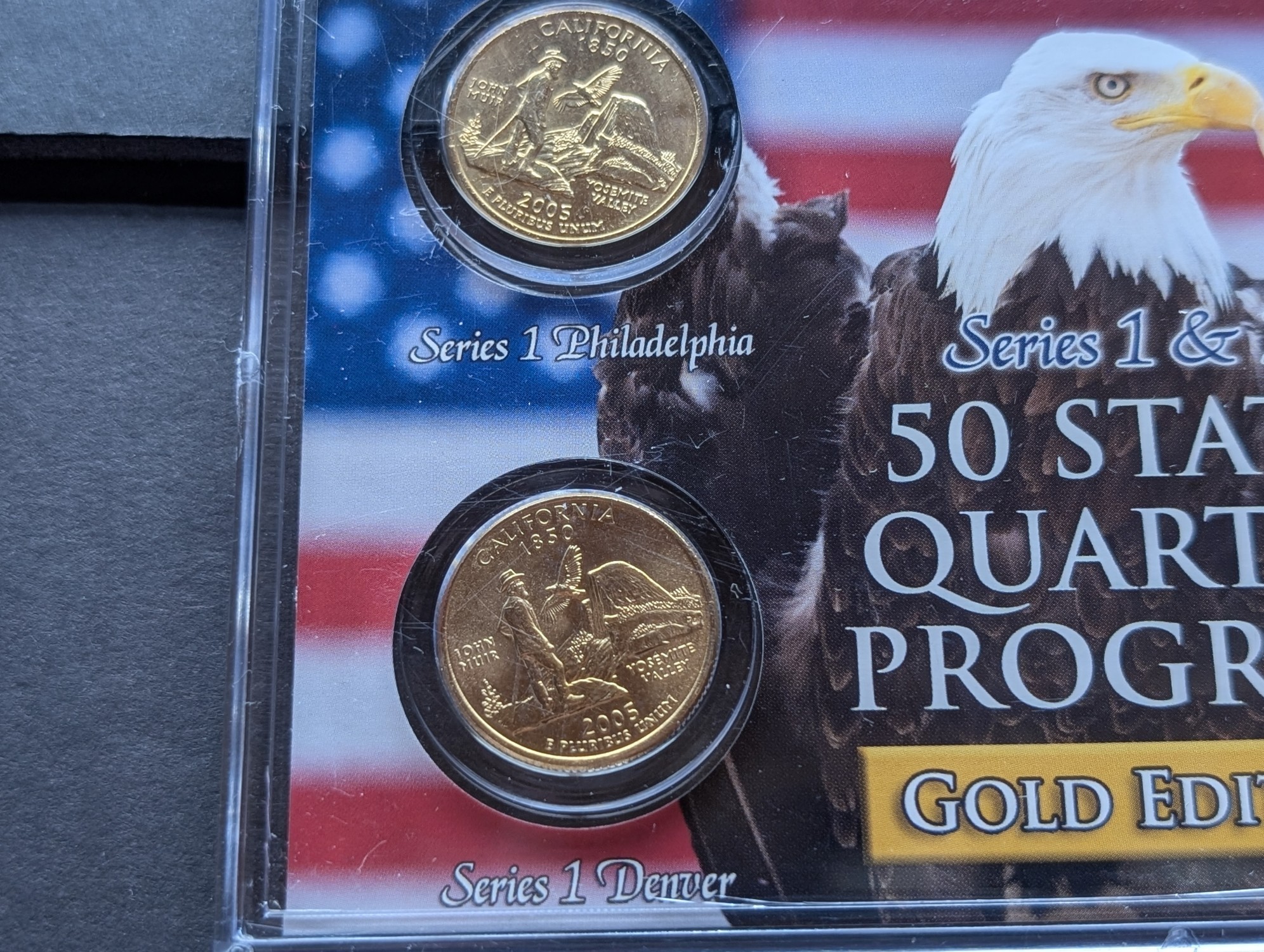 Gold (LAYERED) P&D Mint 2005 California Statehood & 2010 Yosemite ATB Park Quarter 4-Coin Collection in Protective Plastic Case w/ COA