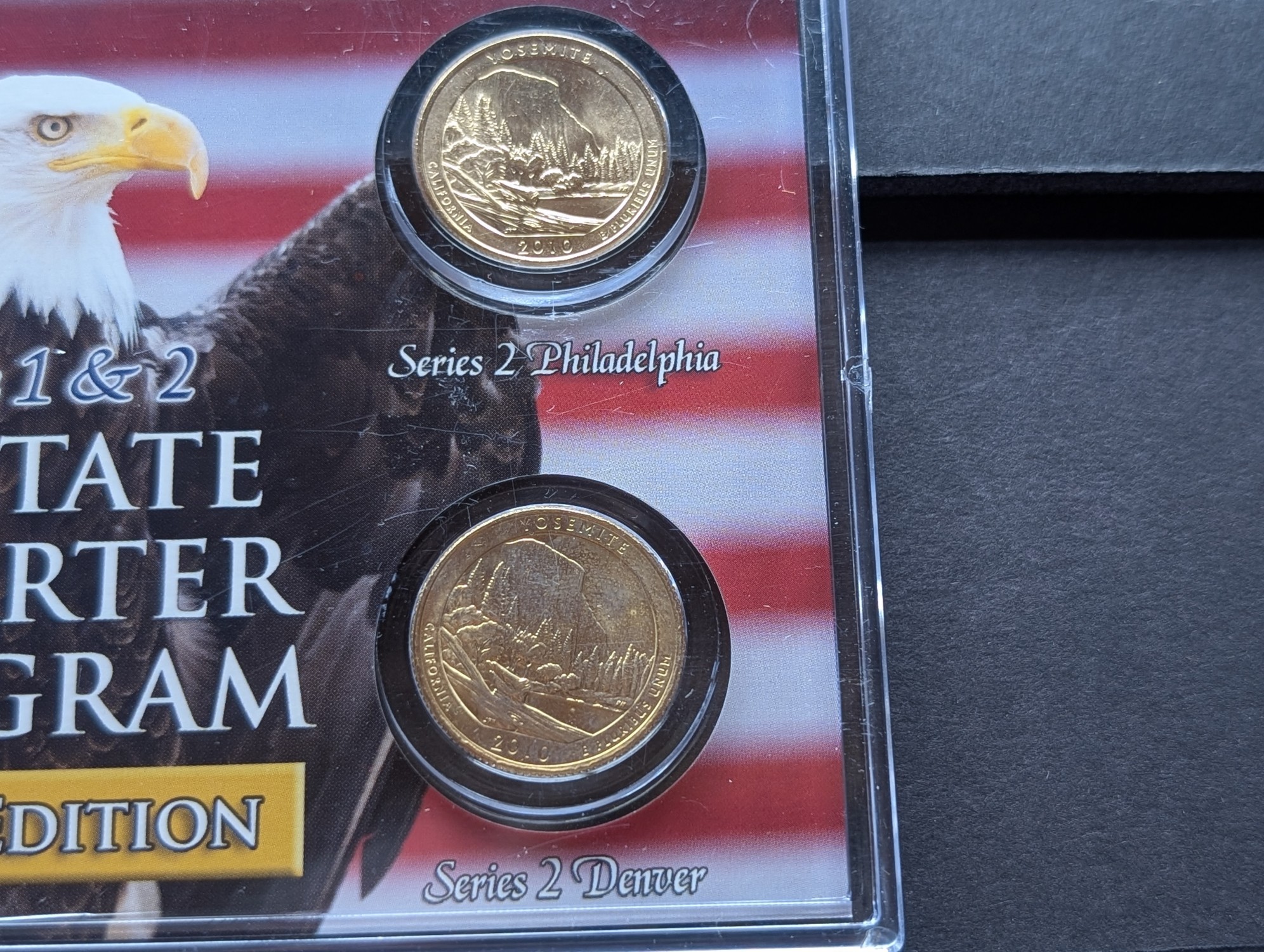 Gold (LAYERED) P&D Mint 2005 California Statehood & 2010 Yosemite ATB Park Quarter 4-Coin Collection in Protective Plastic Case w/ COA