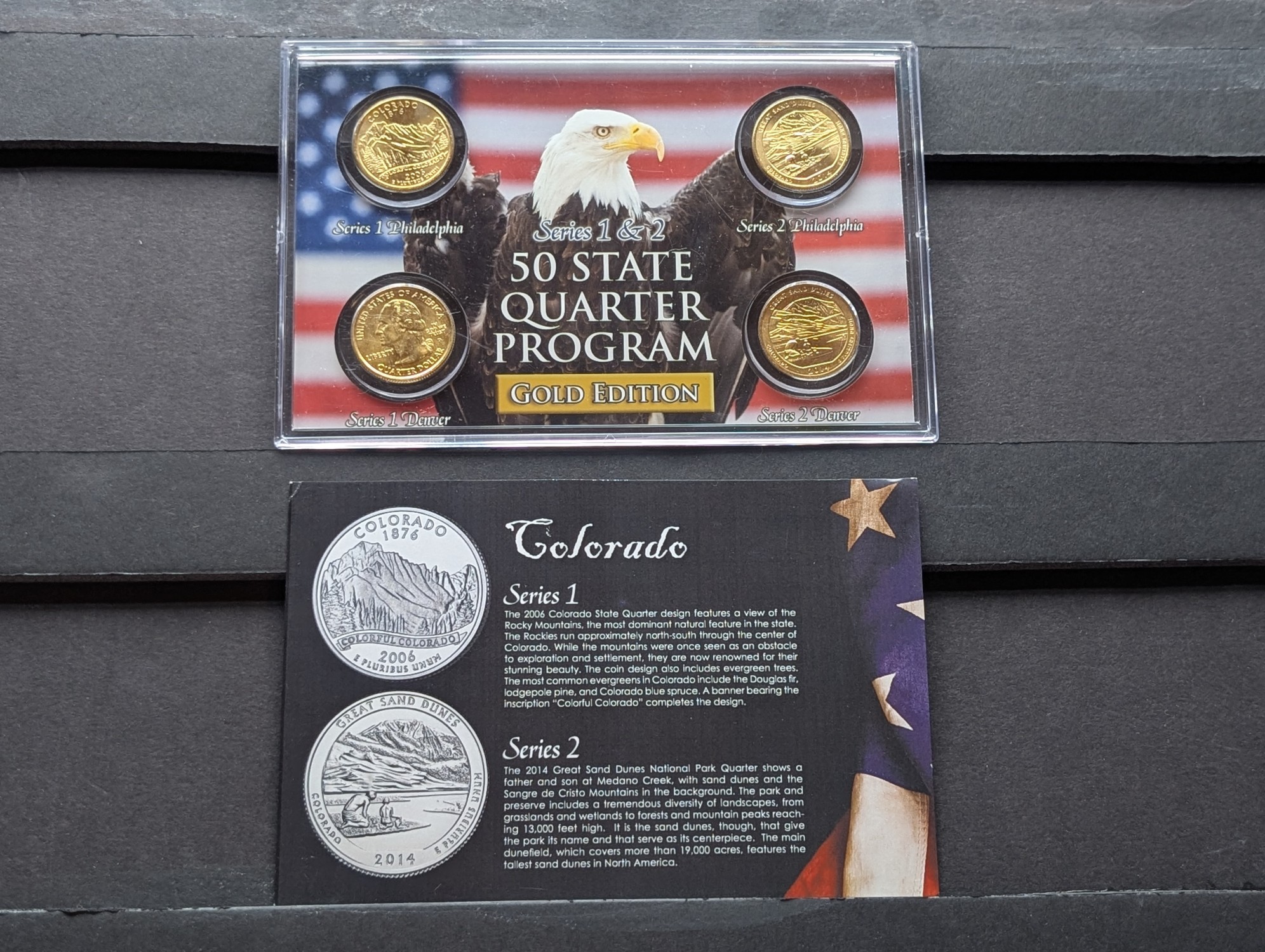 Gold (LAYERED) P&D Mint 2006 Colorado Statehood & 2014 Great Sand Dunes ATB Park Quarter 4-Coin Collection in Protective Plastic Case w/ COA
