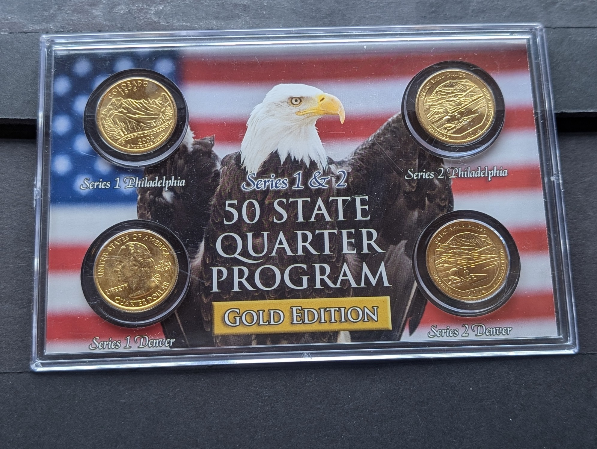 Gold (LAYERED) P&D Mint 2006 Colorado Statehood & 2014 Great Sand Dunes ATB Park Quarter 4-Coin Collection in Protective Plastic Case w/ COA