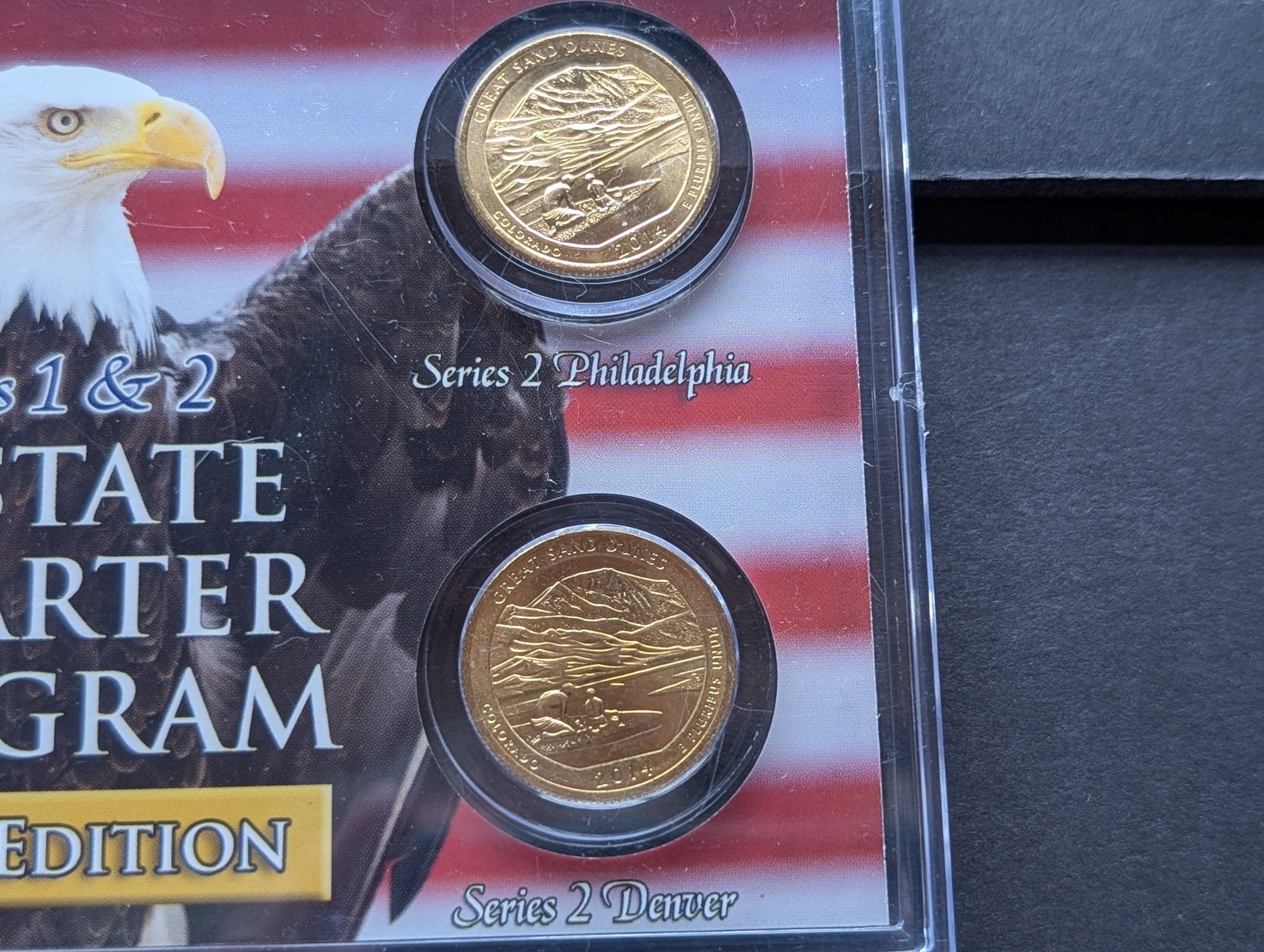 Gold (LAYERED) P&D Mint 2006 Colorado Statehood & 2014 Great Sand Dunes ATB Park Quarter 4-Coin Collection in Protective Plastic Case w/ COA