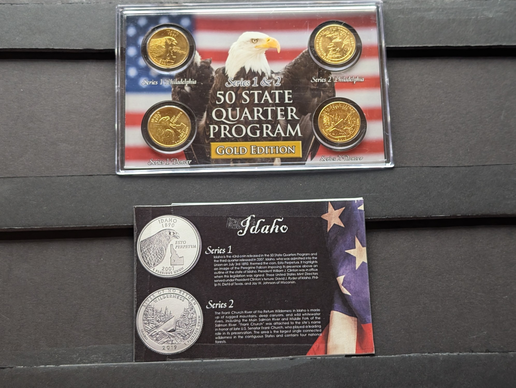 Gold (LAYERED) P&D Mint 2007 Idaho Statehood & 2019 River of No Return ATB Park Quarter 4-Coin Collection in Protective Plastic Case w/ COA
