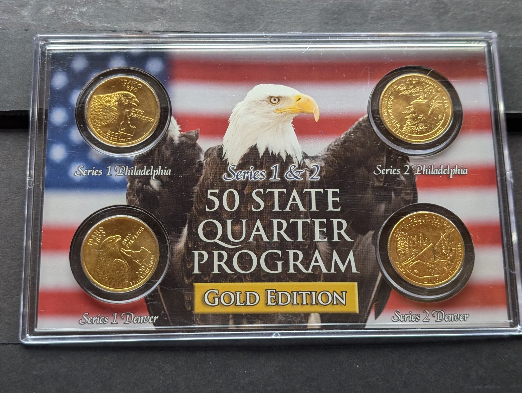 Gold (LAYERED) P&D Mint 2007 Idaho Statehood & 2019 River of No Return ATB Park Quarter 4-Coin Collection in Protective Plastic Case w/ COA
