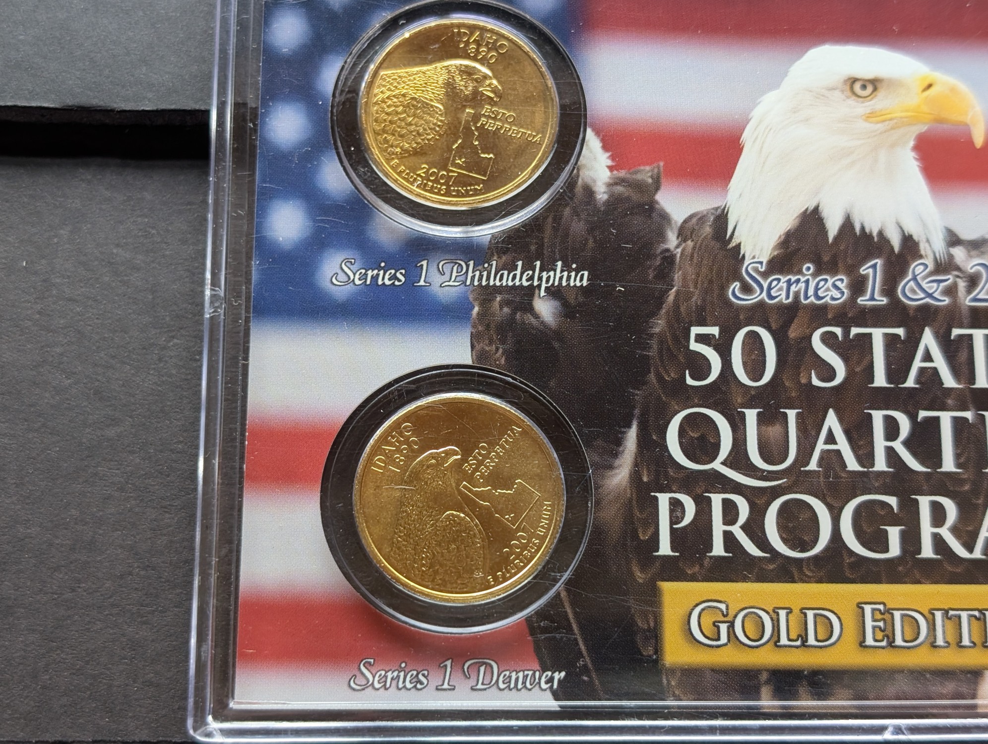 Gold (LAYERED) P&D Mint 2007 Idaho Statehood & 2019 River of No Return ATB Park Quarter 4-Coin Collection in Protective Plastic Case w/ COA