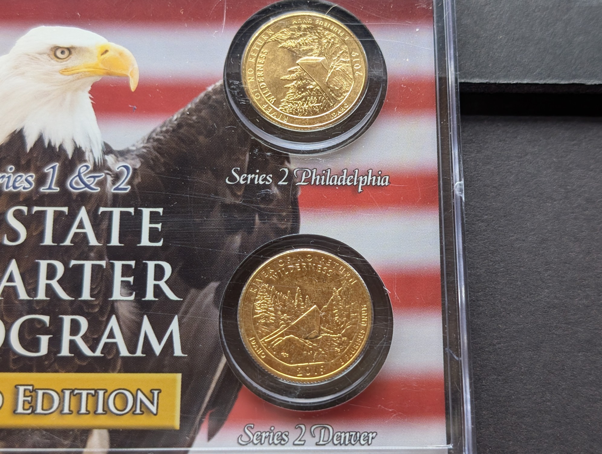 Gold (LAYERED) P&D Mint 2007 Idaho Statehood & 2019 River of No Return ATB Park Quarter 4-Coin Collection in Protective Plastic Case w/ COA