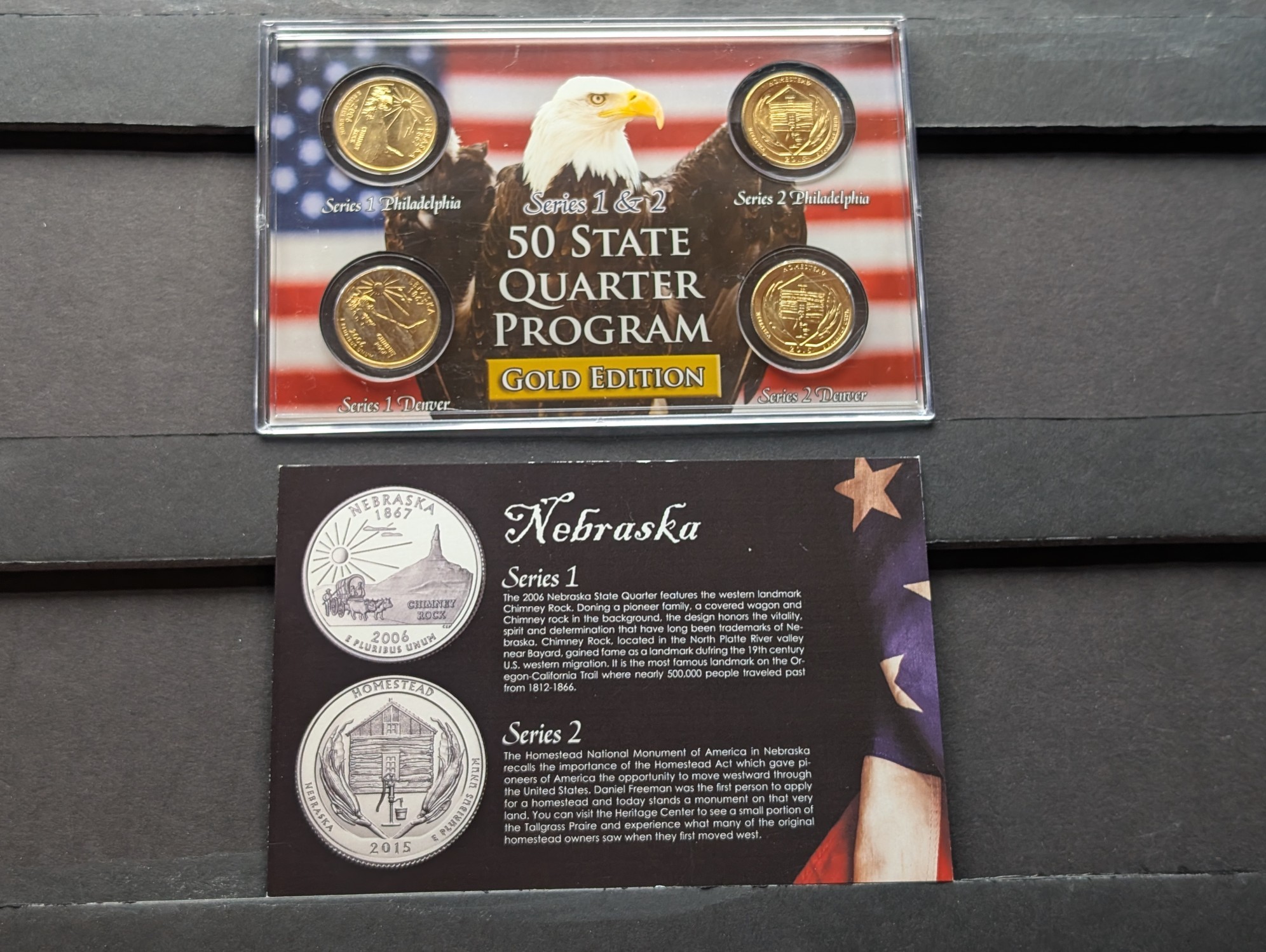 Gold (LAYERED) P&D Mint 2006 Nebraska Statehood & 2015 Homestead ATB Park Quarter 4-Coin Collection in Protective Plastic Case w/ COA