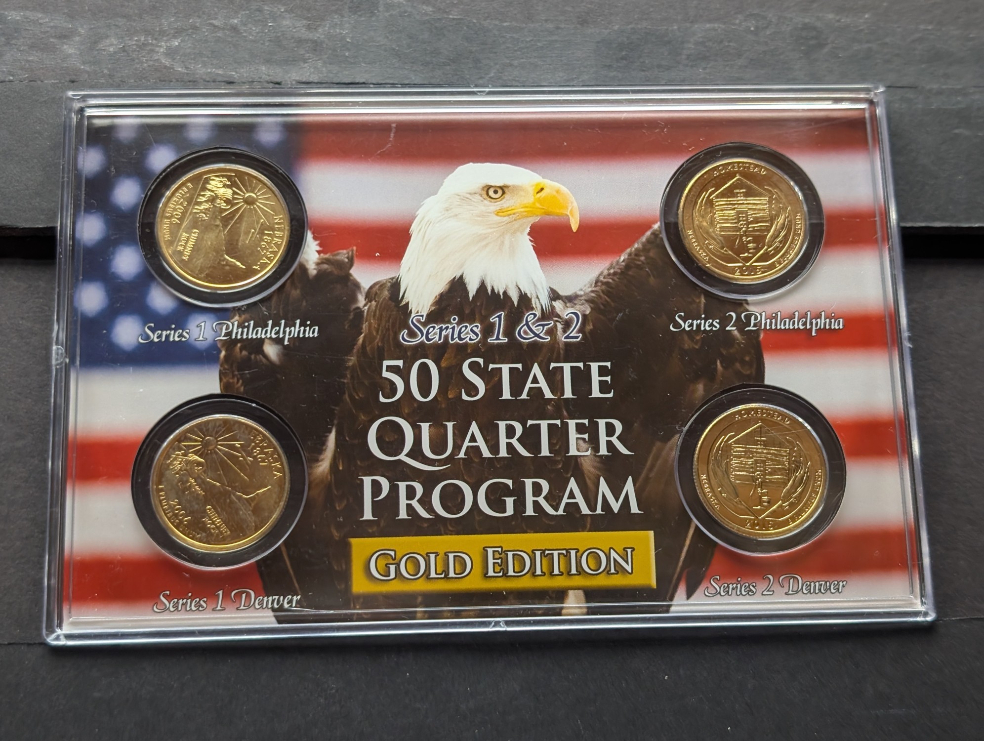 Gold (LAYERED) P&D Mint 2006 Nebraska Statehood & 2015 Homestead ATB Park Quarter 4-Coin Collection in Protective Plastic Case w/ COA