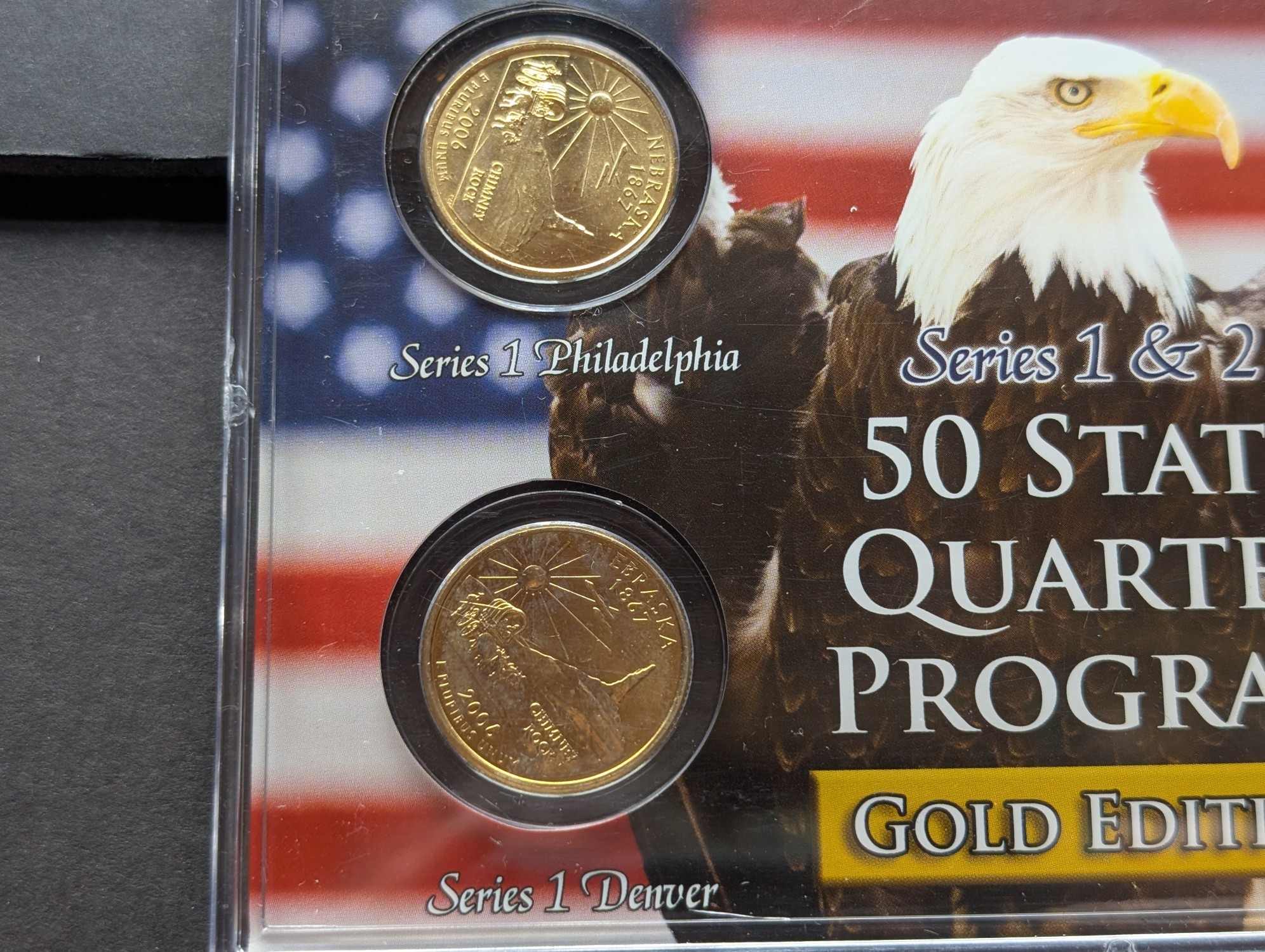 Gold (LAYERED) P&D Mint 2006 Nebraska Statehood & 2015 Homestead ATB Park Quarter 4-Coin Collection in Protective Plastic Case w/ COA