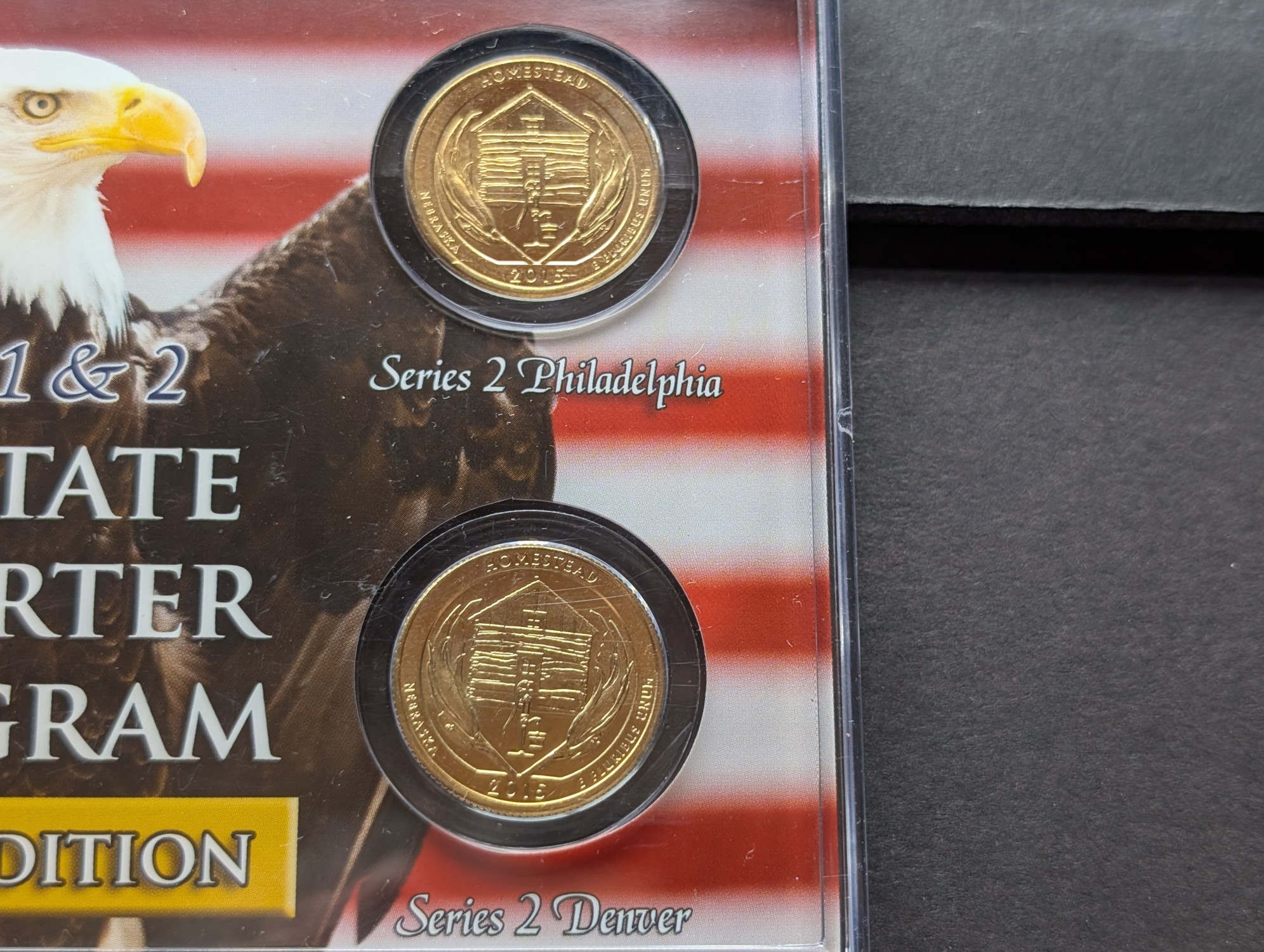 Gold (LAYERED) P&D Mint 2006 Nebraska Statehood & 2015 Homestead ATB Park Quarter 4-Coin Collection in Protective Plastic Case w/ COA