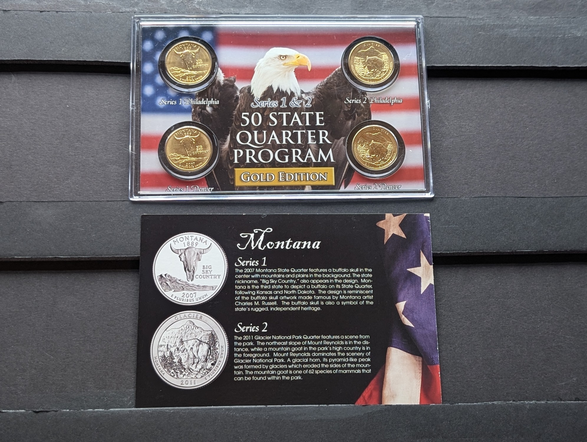 Gold (LAYERED) P&D Mint 2007 Montana Statehood & 2011 Glacier ATB Park Quarter 4-Coin Collection in Protective Plastic Case w/ COA