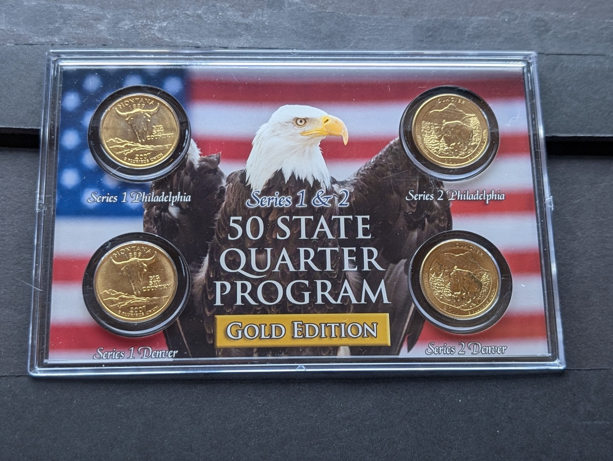 Gold (LAYERED) P&D Mint 2007 Montana Statehood & 2011 Glacier ATB Park Quarter 4-Coin Collection in Protective Plastic Case w/ COA