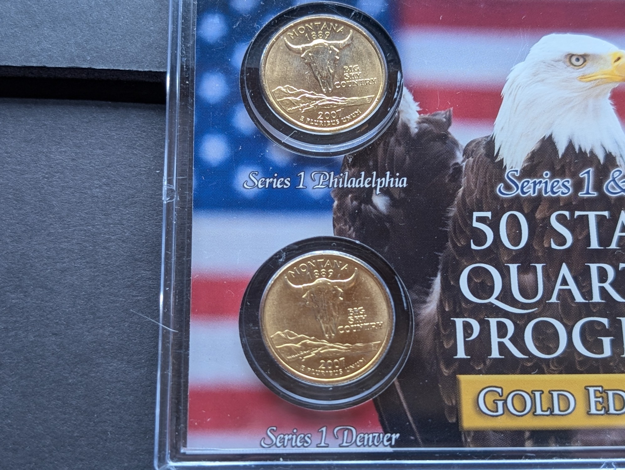 Gold (LAYERED) P&D Mint 2007 Montana Statehood & 2011 Glacier ATB Park Quarter 4-Coin Collection in Protective Plastic Case w/ COA