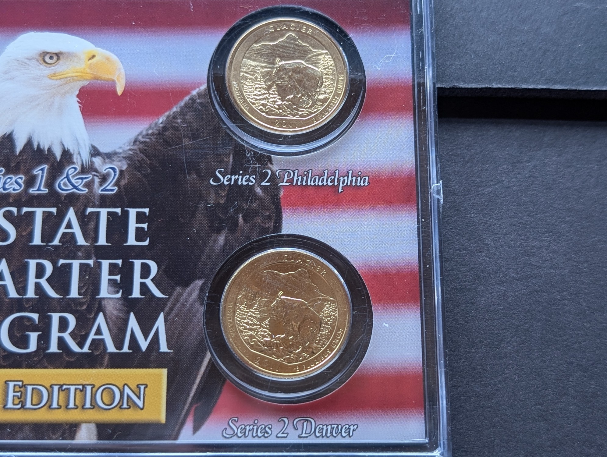 Gold (LAYERED) P&D Mint 2007 Montana Statehood & 2011 Glacier ATB Park Quarter 4-Coin Collection in Protective Plastic Case w/ COA