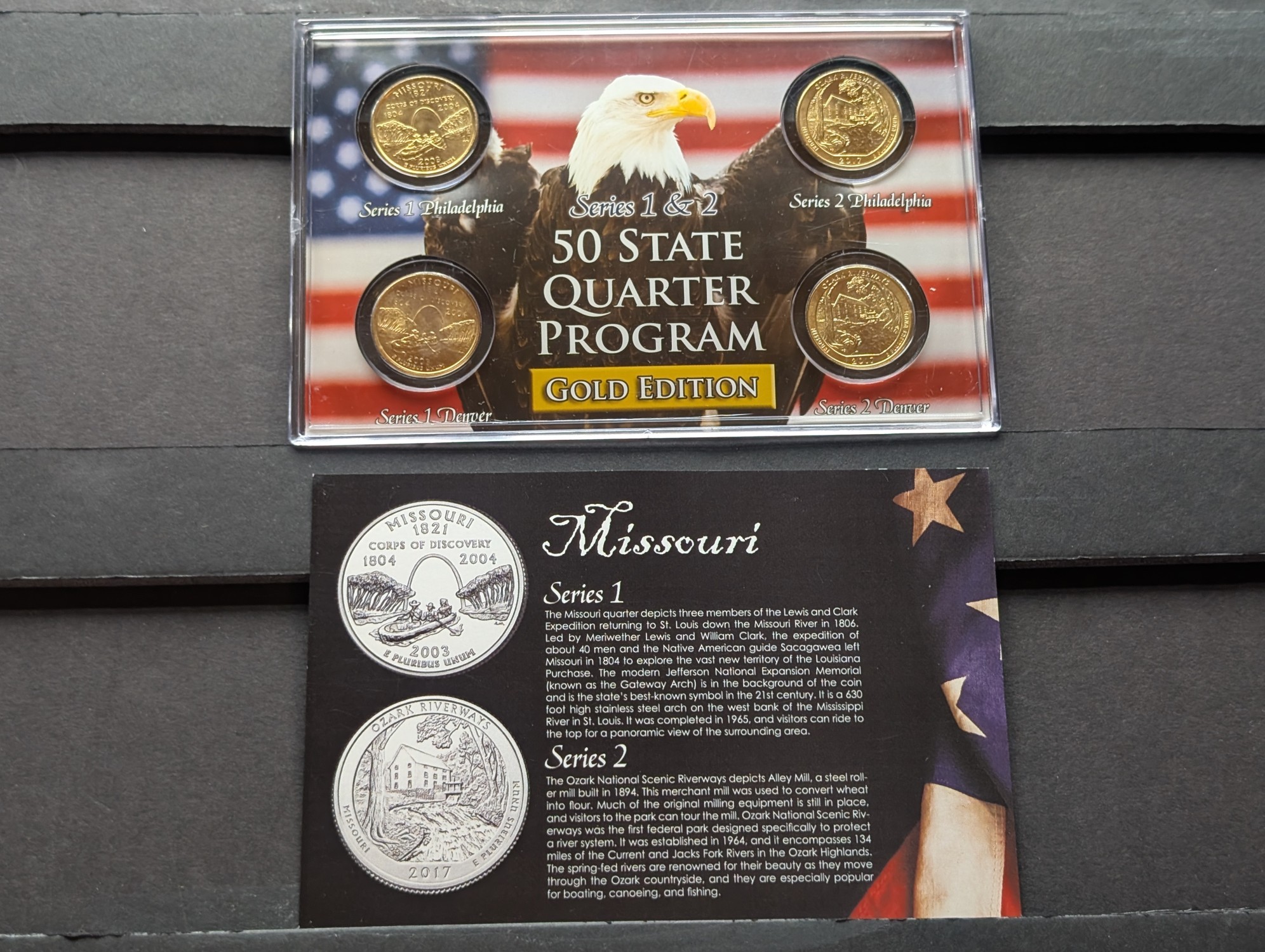 Gold (LAYERED) P&D Mint 2003 Missouri Statehood & 2017 Ozark Riverways ATB Park Quarter 4-Coin Collection in Protective Plastic Case w/ COA
