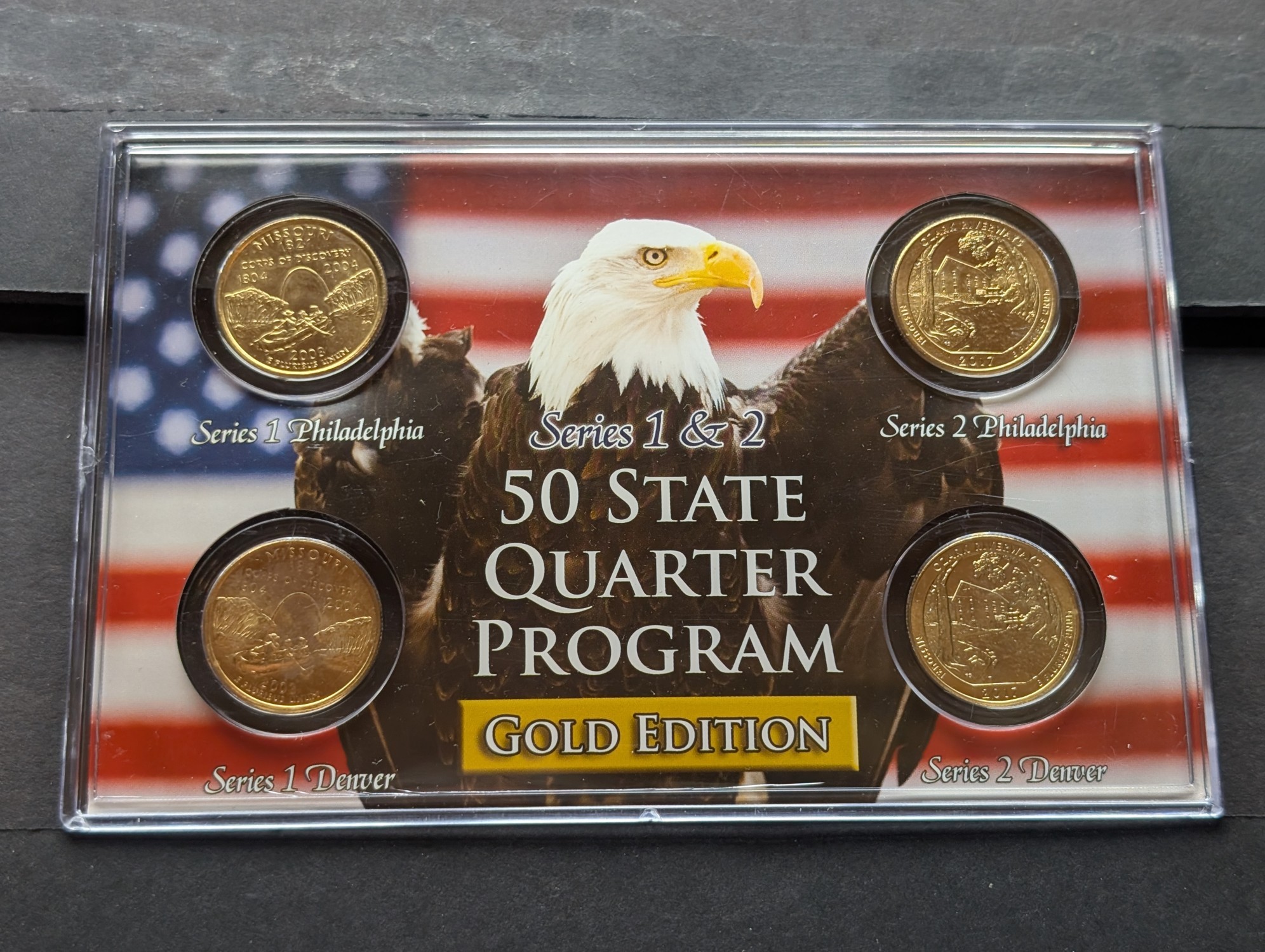 Gold (LAYERED) P&D Mint 2003 Missouri Statehood & 2017 Ozark Riverways ATB Park Quarter 4-Coin Collection in Protective Plastic Case w/ COA