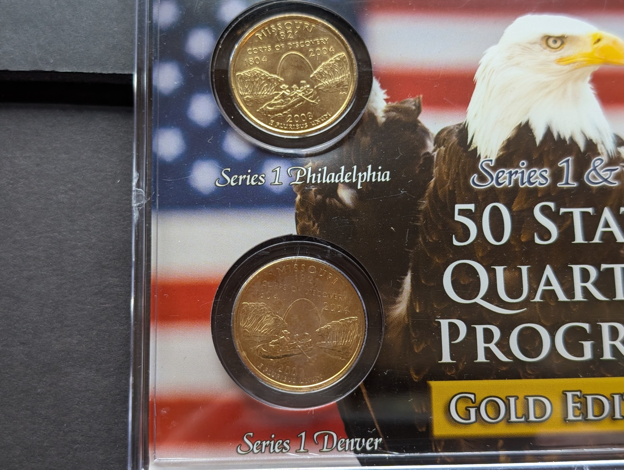 Gold (LAYERED) P&D Mint 2003 Missouri Statehood & 2017 Ozark Riverways ATB Park Quarter 4-Coin Collection in Protective Plastic Case w/ COA