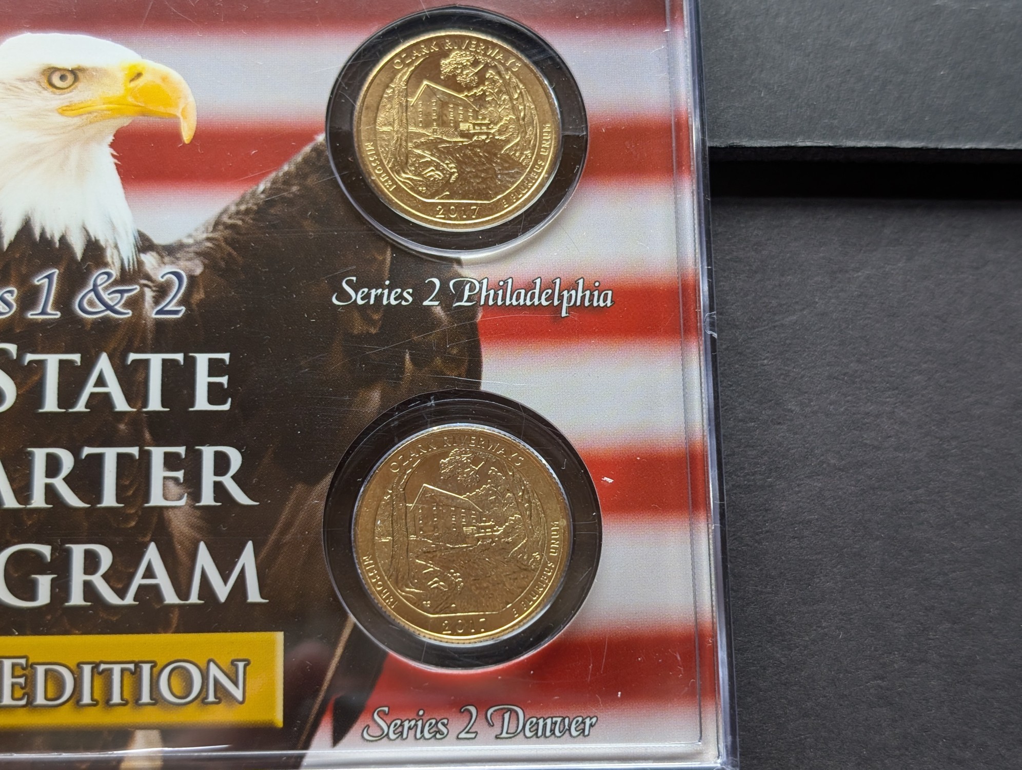 Gold (LAYERED) P&D Mint 2003 Missouri Statehood & 2017 Ozark Riverways ATB Park Quarter 4-Coin Collection in Protective Plastic Case w/ COA