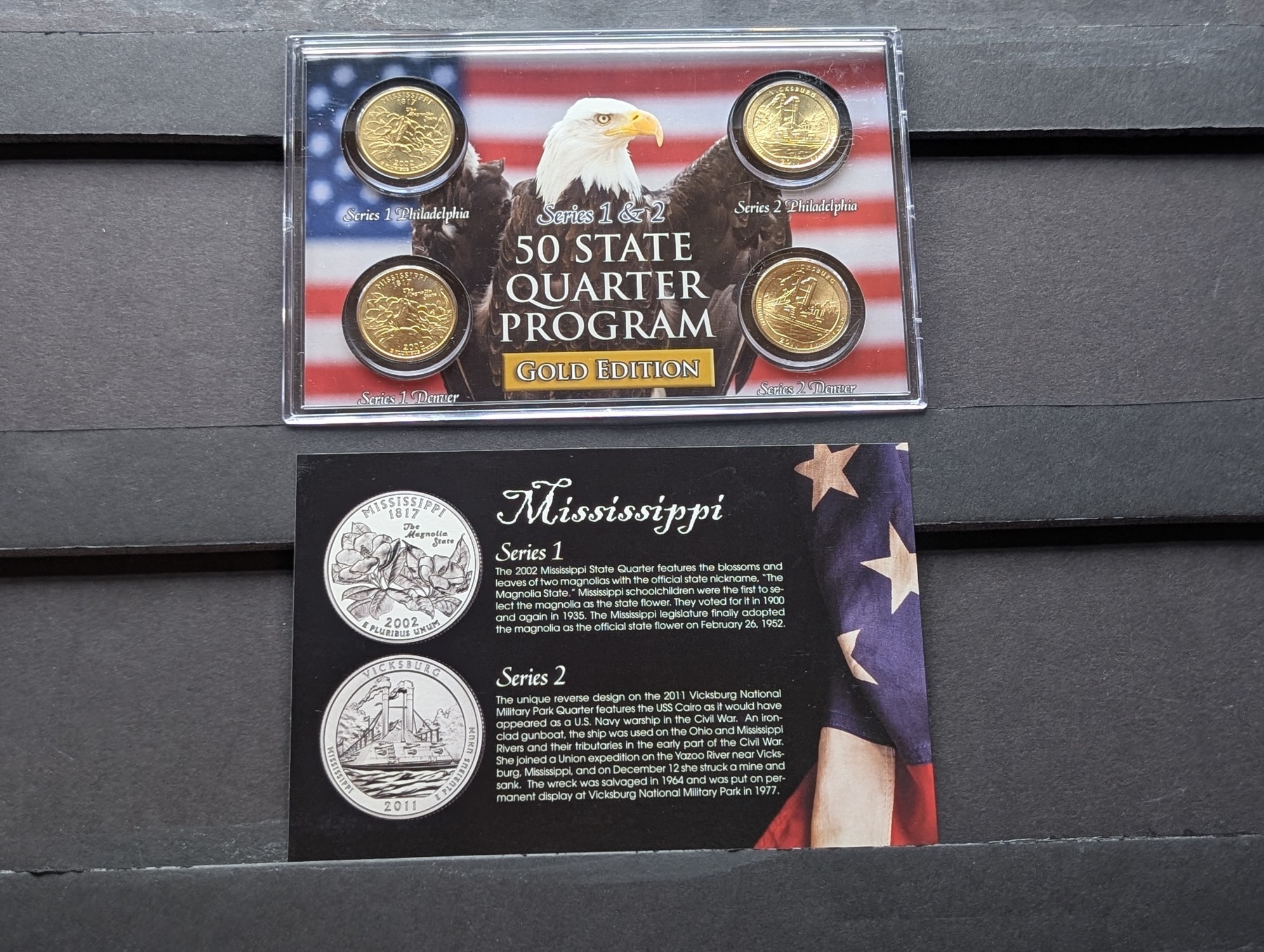 Gold (LAYERED) P&D Mint 2002 Mississippi Statehood & 2011 Vicksburg ATB Park Quarter 4-Coin Collection in Protective Plastic Case w/ COA