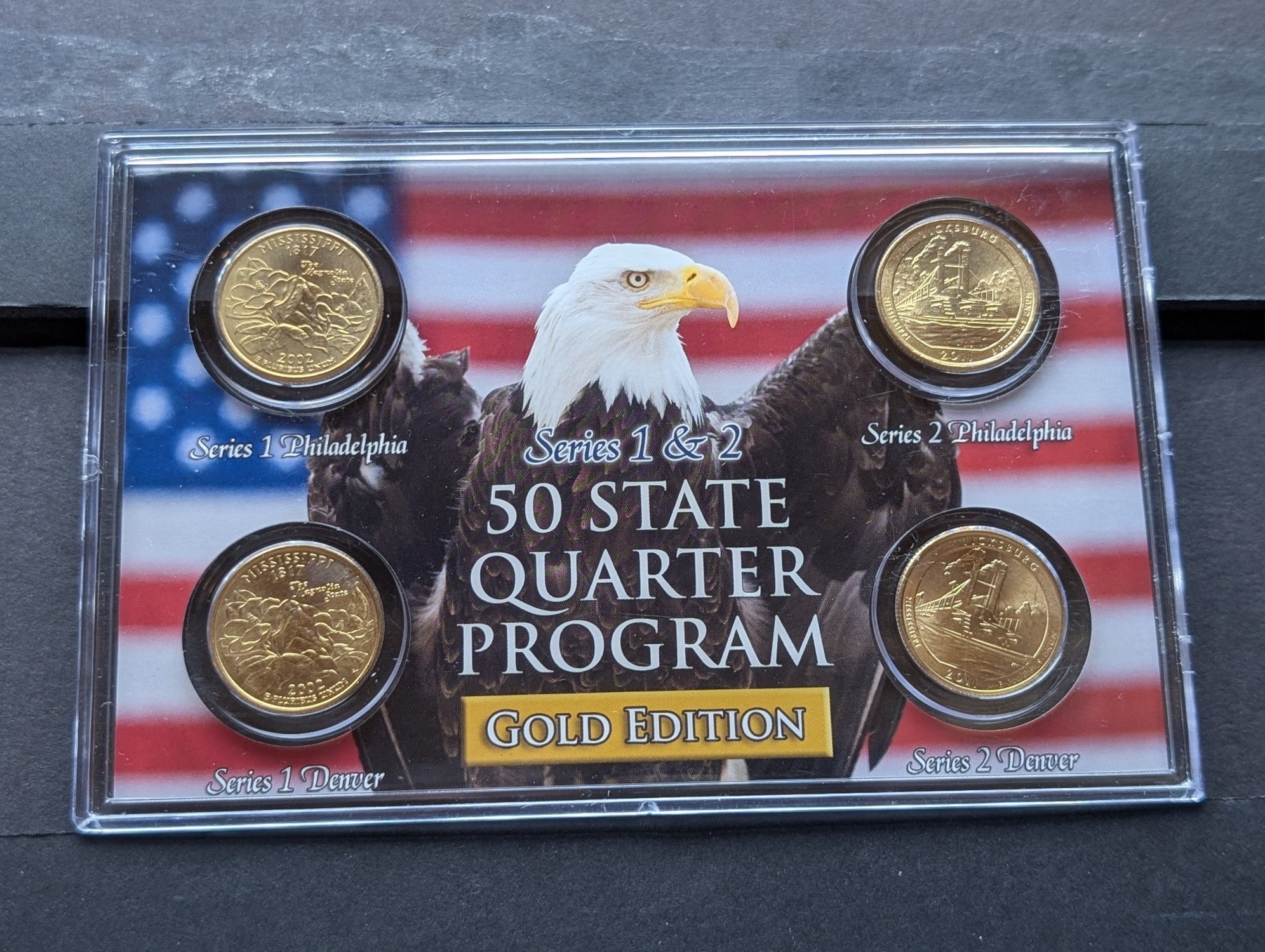 Gold (LAYERED) P&D Mint 2002 Mississippi Statehood & 2011 Vicksburg ATB Park Quarter 4-Coin Collection in Protective Plastic Case w/ COA