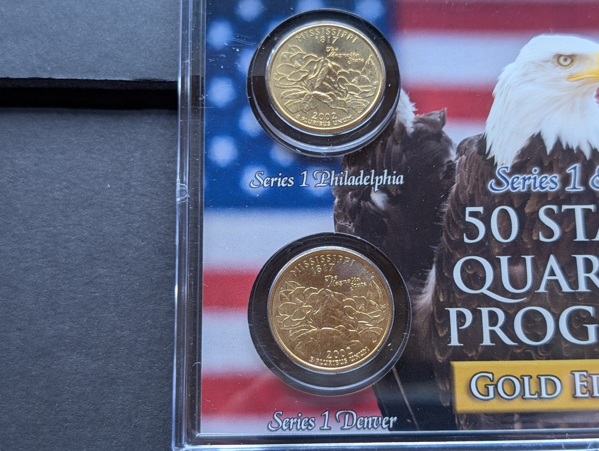 Gold (LAYERED) P&D Mint 2002 Mississippi Statehood & 2011 Vicksburg ATB Park Quarter 4-Coin Collection in Protective Plastic Case w/ COA