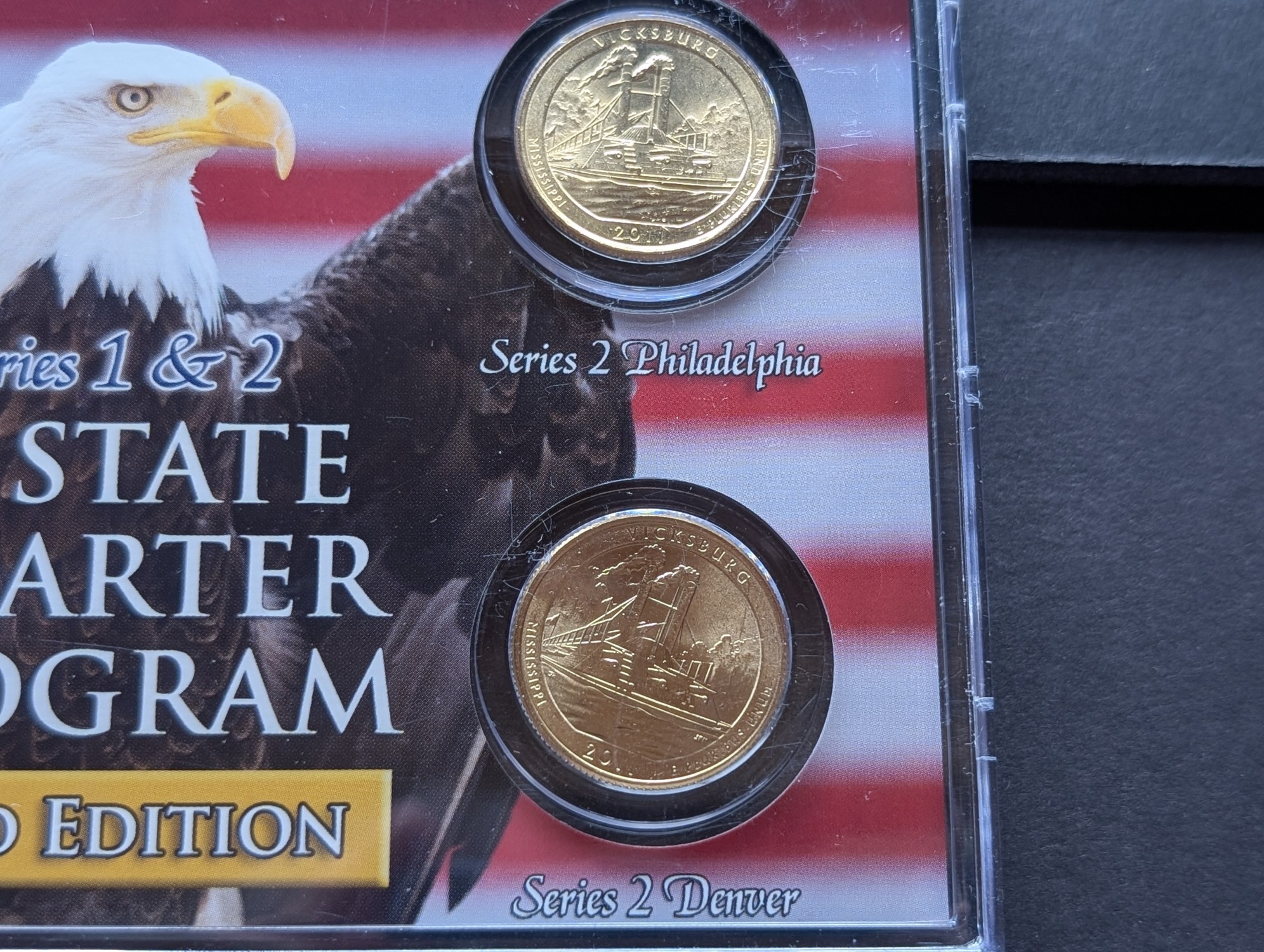 Gold (LAYERED) P&D Mint 2002 Mississippi Statehood & 2011 Vicksburg ATB Park Quarter 4-Coin Collection in Protective Plastic Case w/ COA