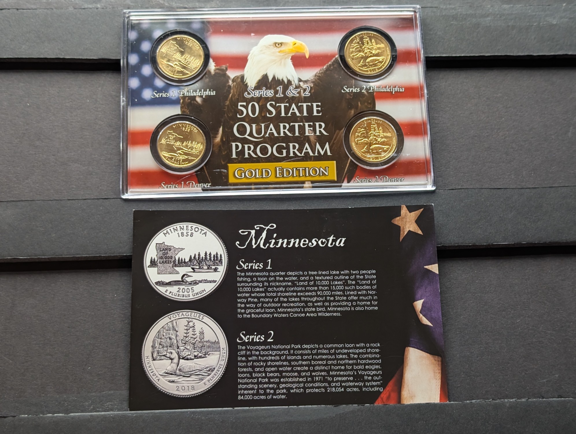 Gold (LAYERED) P&D Mint 2005 Minnesota Statehood & 2018 Voyageurs ATB Park Quarter 4-Coin Collection in Protective Plastic Case w/ COA