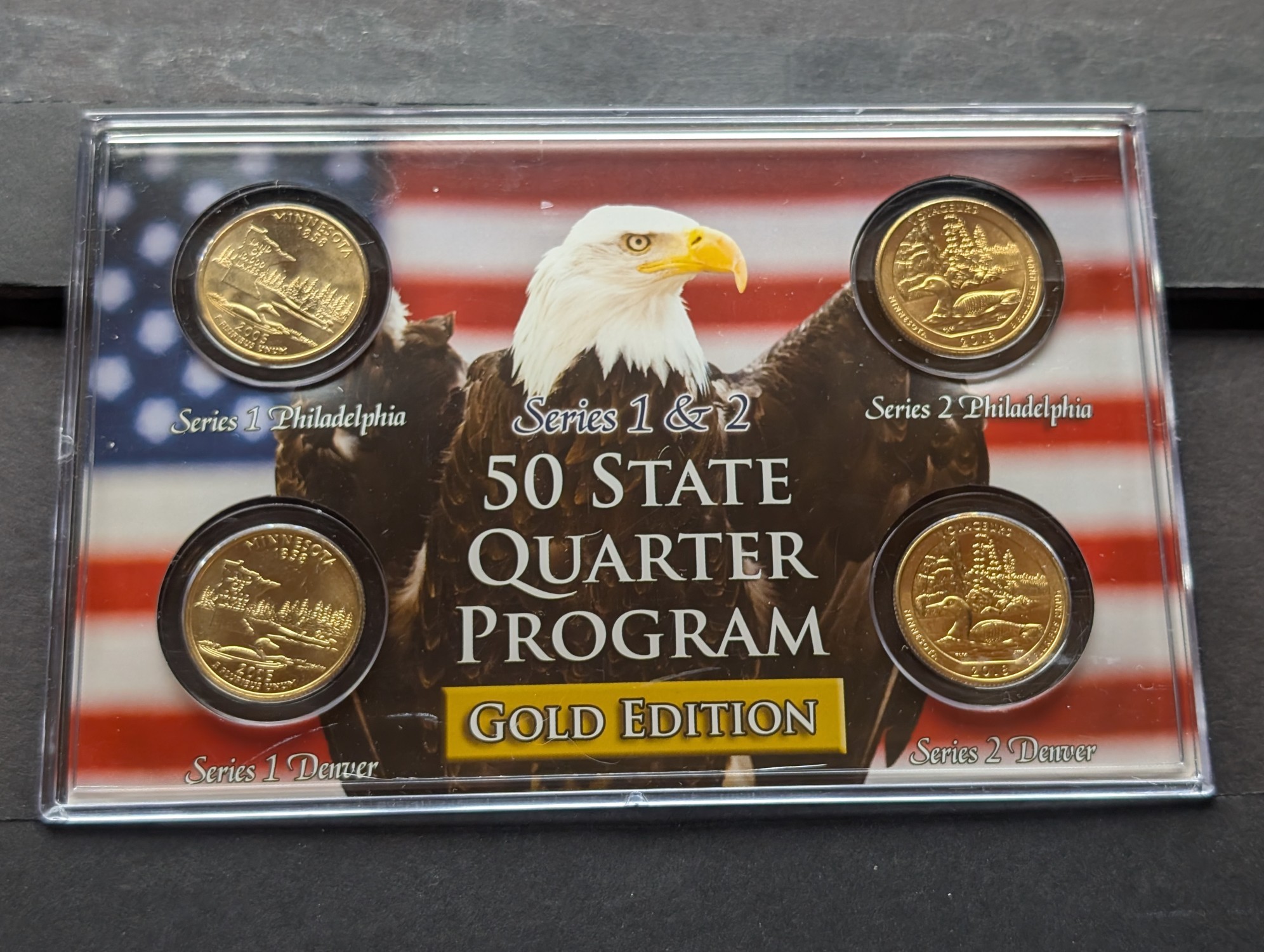 Gold (LAYERED) P&D Mint 2005 Minnesota Statehood & 2018 Voyageurs ATB Park Quarter 4-Coin Collection in Protective Plastic Case w/ COA