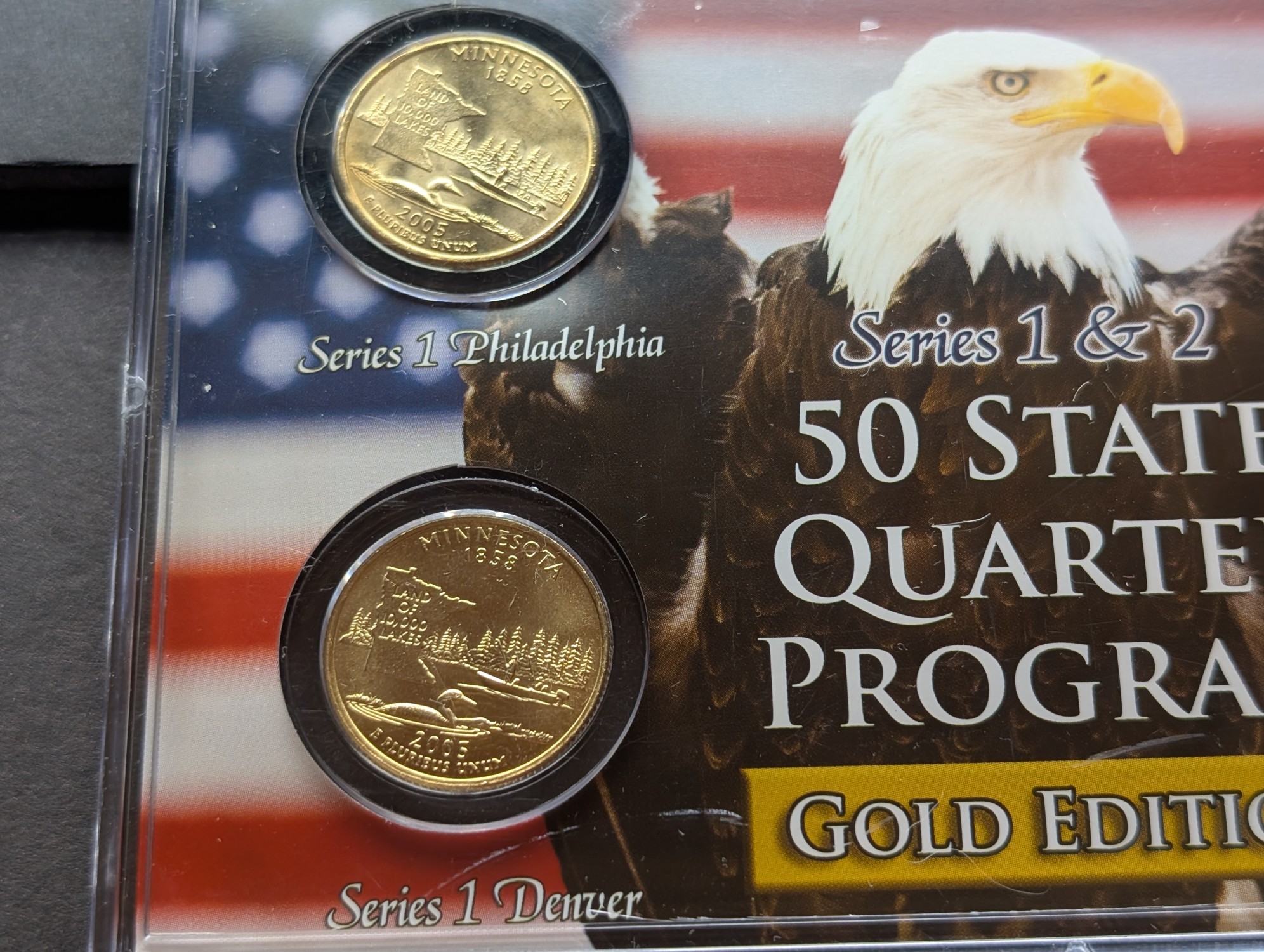 Gold (LAYERED) P&D Mint 2005 Minnesota Statehood & 2018 Voyageurs ATB Park Quarter 4-Coin Collection in Protective Plastic Case w/ COA