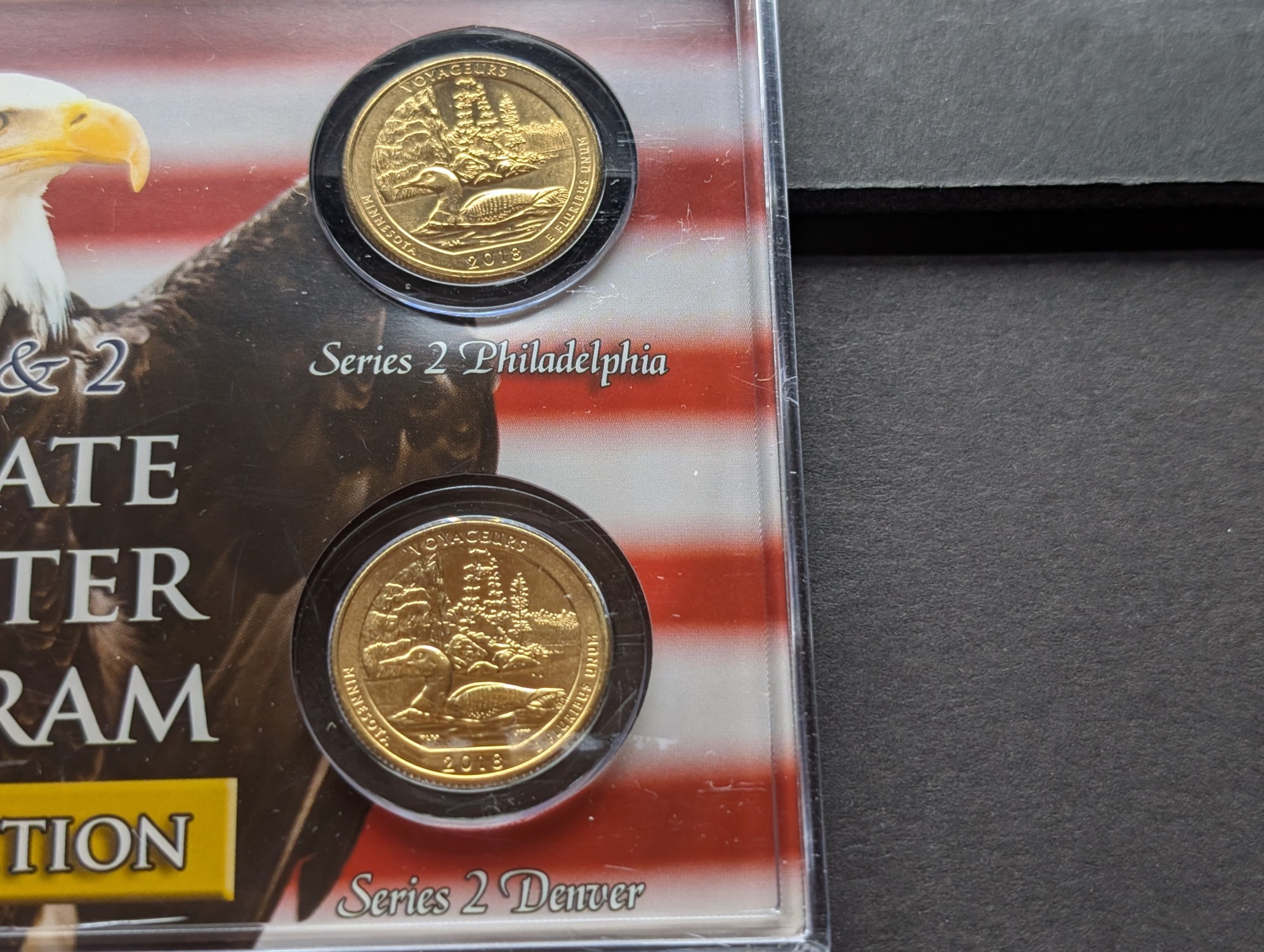 Gold (LAYERED) P&D Mint 2005 Minnesota Statehood & 2018 Voyageurs ATB Park Quarter 4-Coin Collection in Protective Plastic Case w/ COA