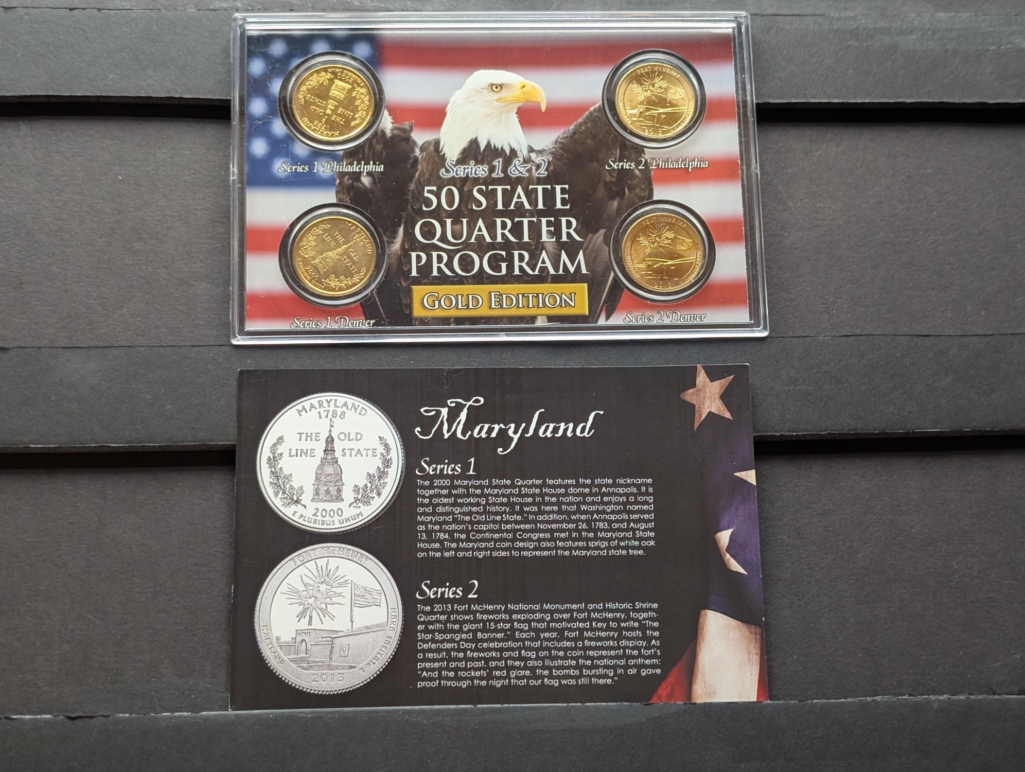 Gold (LAYERED) P&D Mint 2000 Maryland Statehood & 2013 Fort McHenry ATB Park Quarter 4-Coin Collection in Protective Plastic Case w/ COA