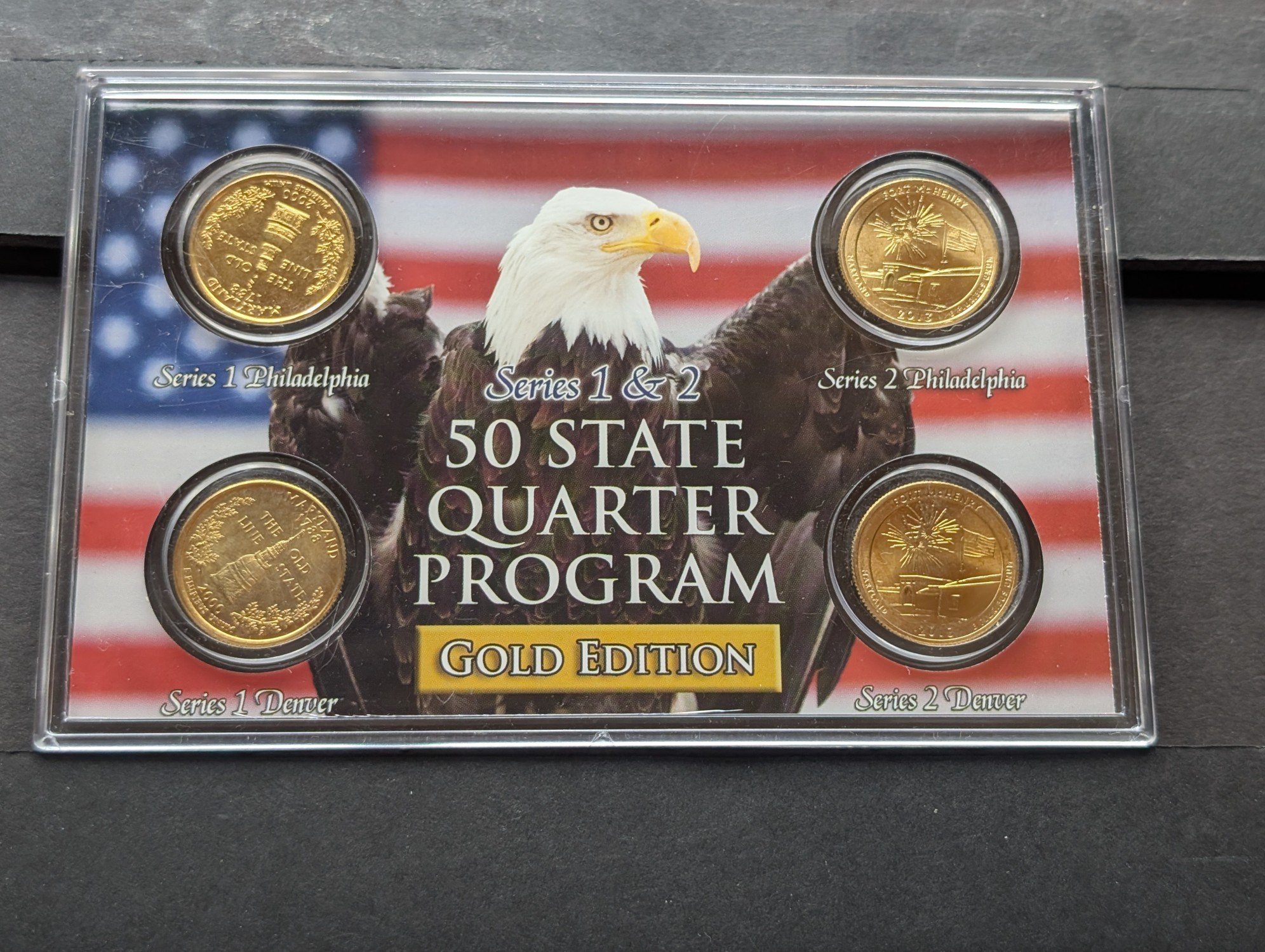 Gold (LAYERED) P&D Mint 2000 Maryland Statehood & 2013 Fort McHenry ATB Park Quarter 4-Coin Collection in Protective Plastic Case w/ COA