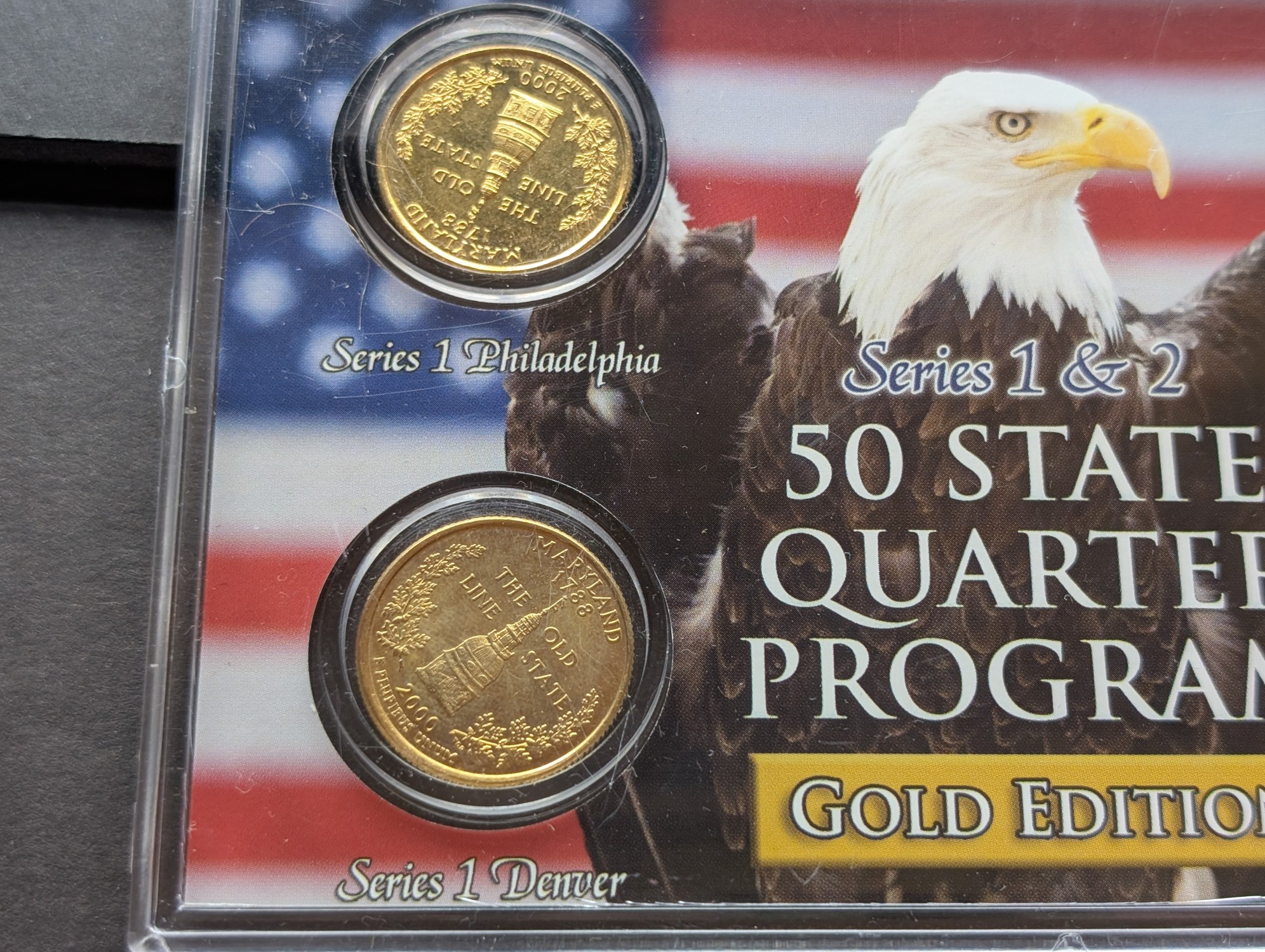 Gold (LAYERED) P&D Mint 2000 Maryland Statehood & 2013 Fort McHenry ATB Park Quarter 4-Coin Collection in Protective Plastic Case w/ COA