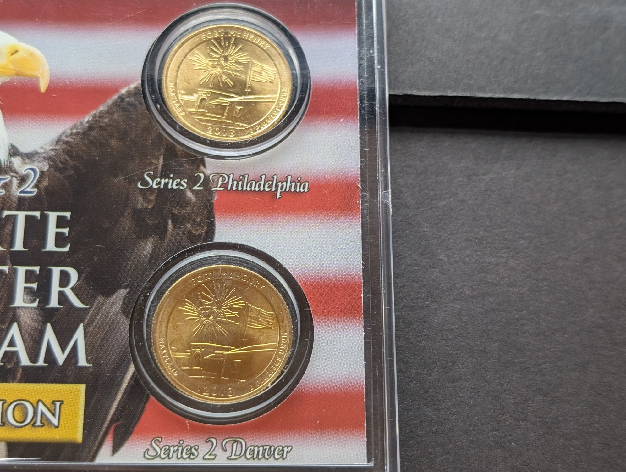 Gold (LAYERED) P&D Mint 2000 Maryland Statehood & 2013 Fort McHenry ATB Park Quarter 4-Coin Collection in Protective Plastic Case w/ COA