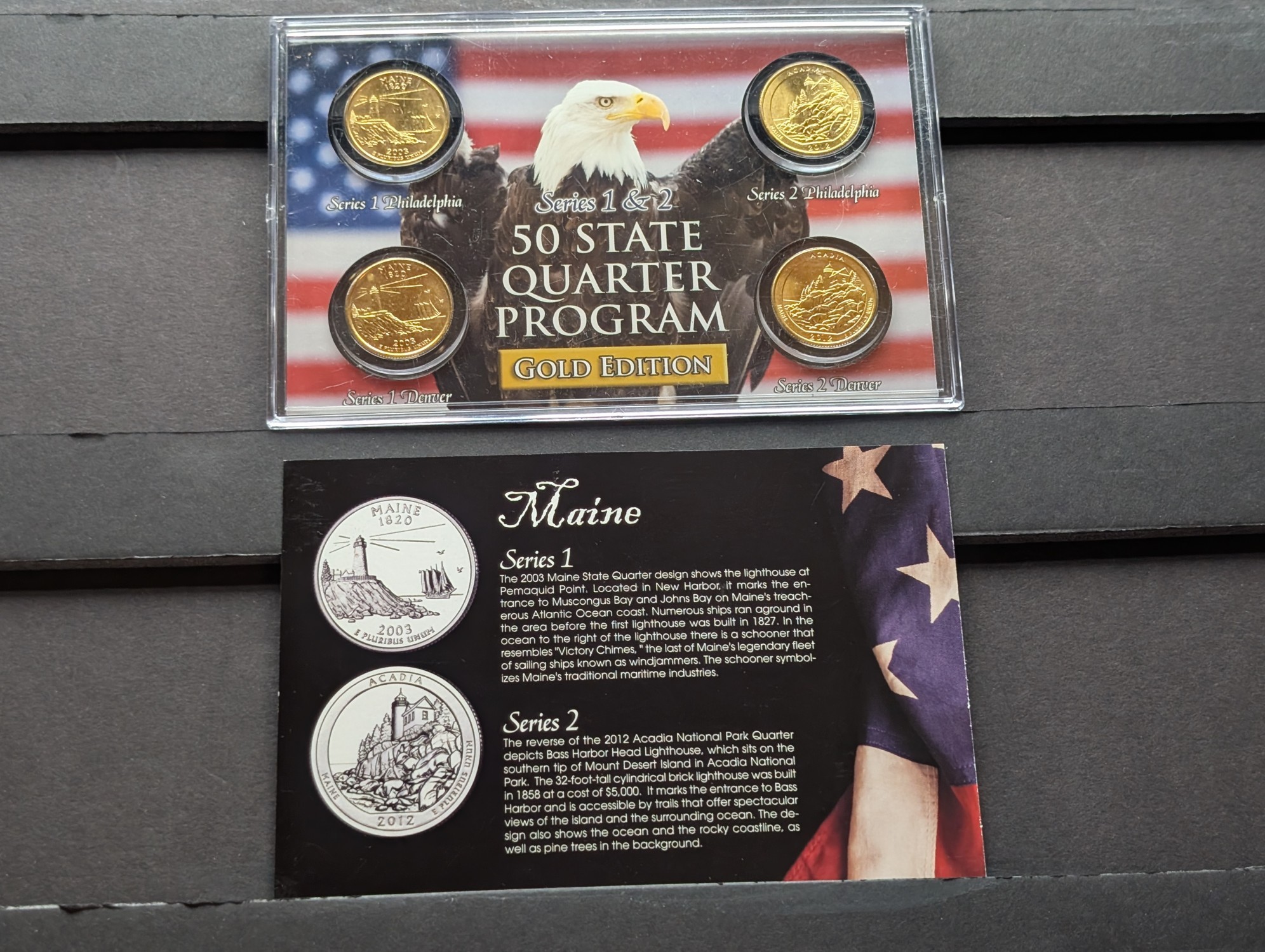 Gold (LAYERED) P&D Mint 2003 Maine Statehood & 2012 Acadia ATB Park Quarter 4-Coin Collection in Protective Plastic Case w/ COA