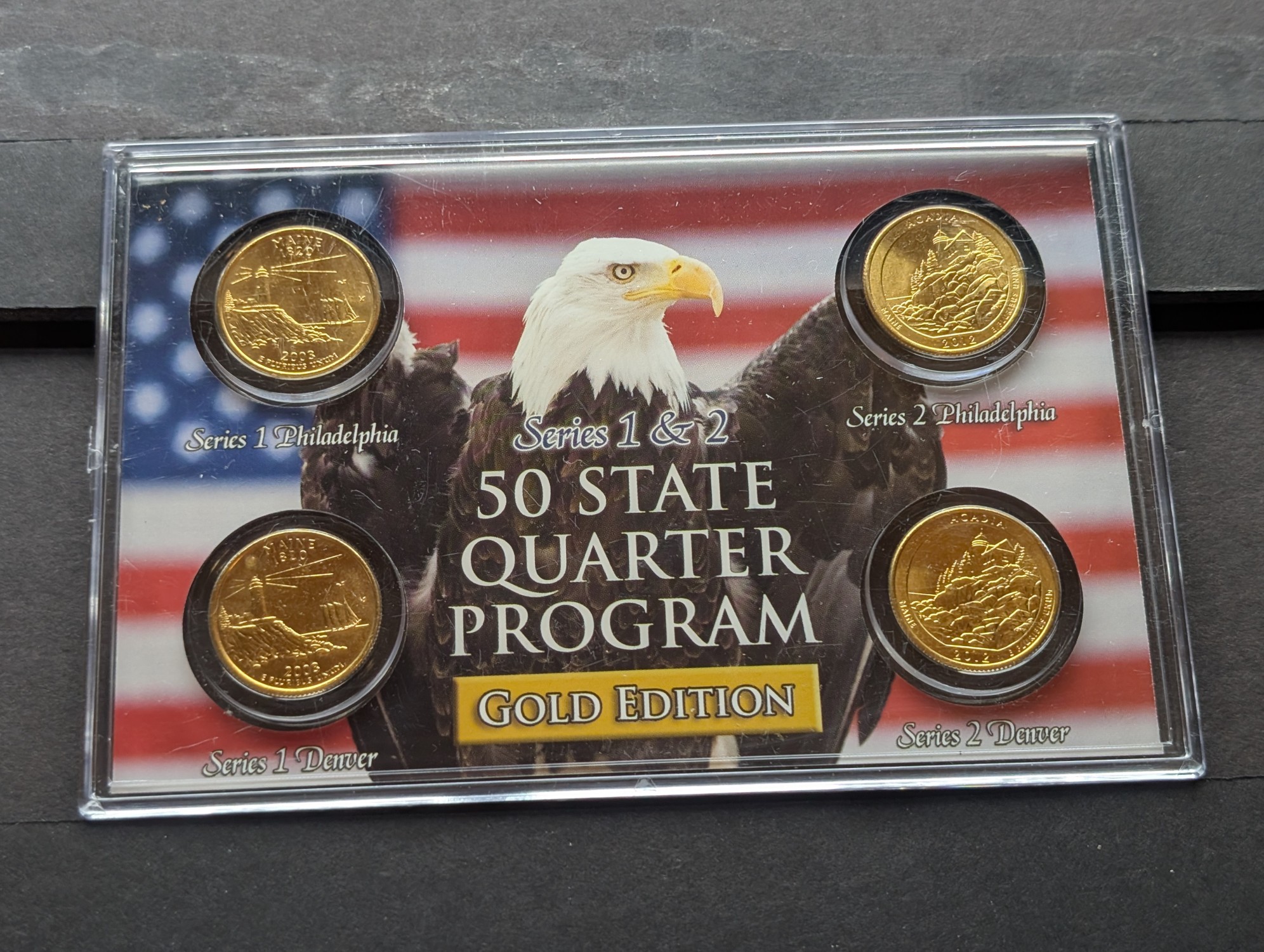 Gold (LAYERED) P&D Mint 2003 Maine Statehood & 2012 Acadia ATB Park Quarter 4-Coin Collection in Protective Plastic Case w/ COA