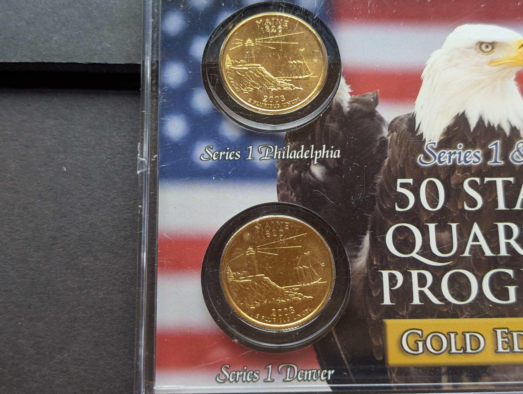 Gold (LAYERED) P&D Mint 2003 Maine Statehood & 2012 Acadia ATB Park Quarter 4-Coin Collection in Protective Plastic Case w/ COA