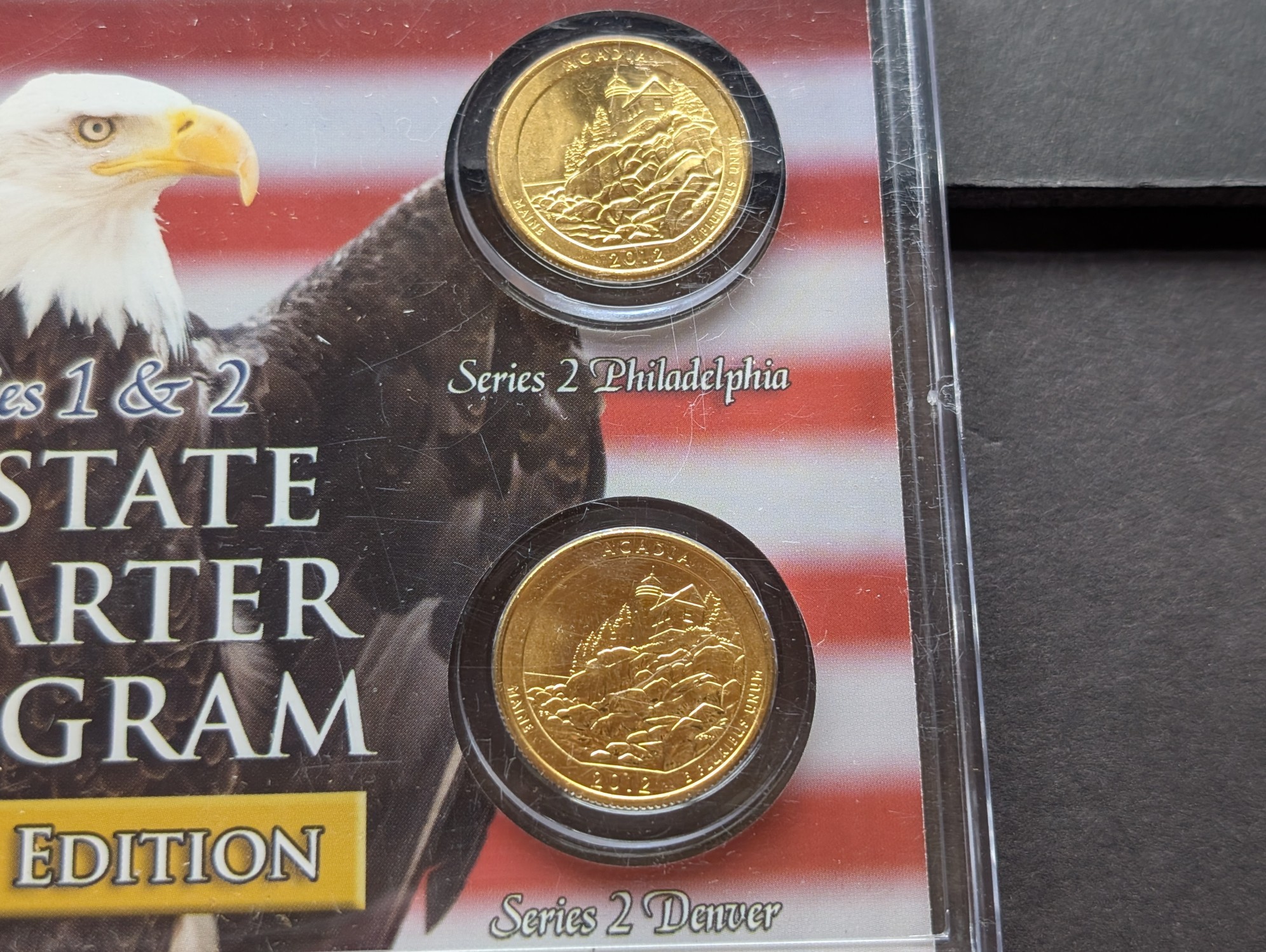 Gold (LAYERED) P&D Mint 2003 Maine Statehood & 2012 Acadia ATB Park Quarter 4-Coin Collection in Protective Plastic Case w/ COA