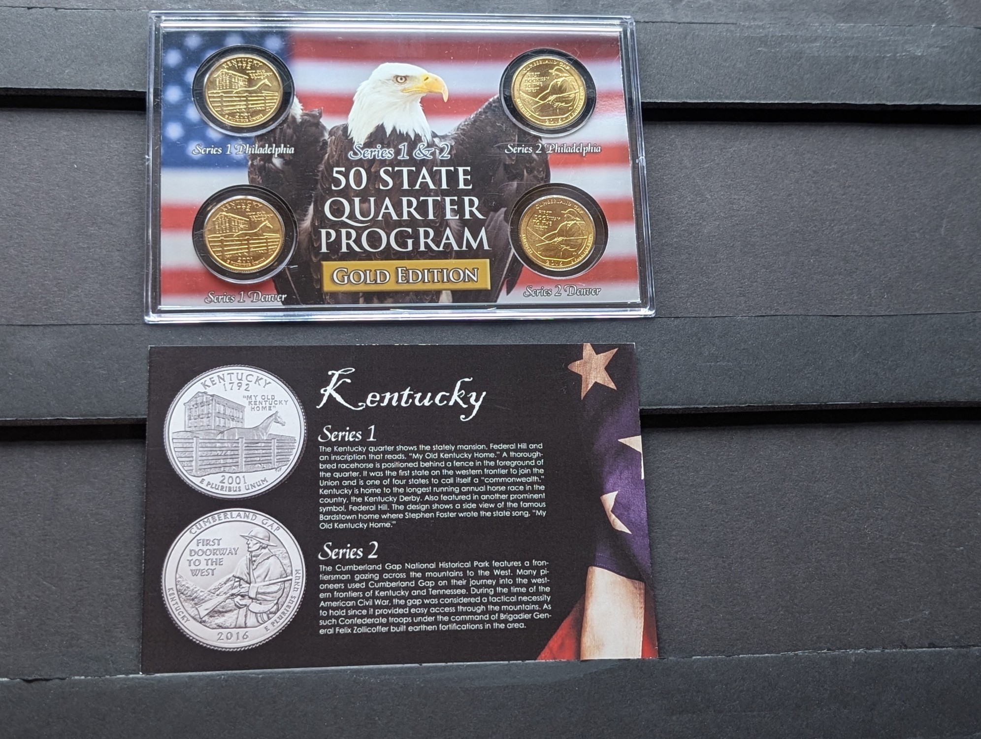 Gold (LAYERED) P&D Mint 2001 Kentucky Statehood & 2016 Cumberland Gap ATB Park Quarter 4-Coin Collection in Protective Plastic Case w/ COA