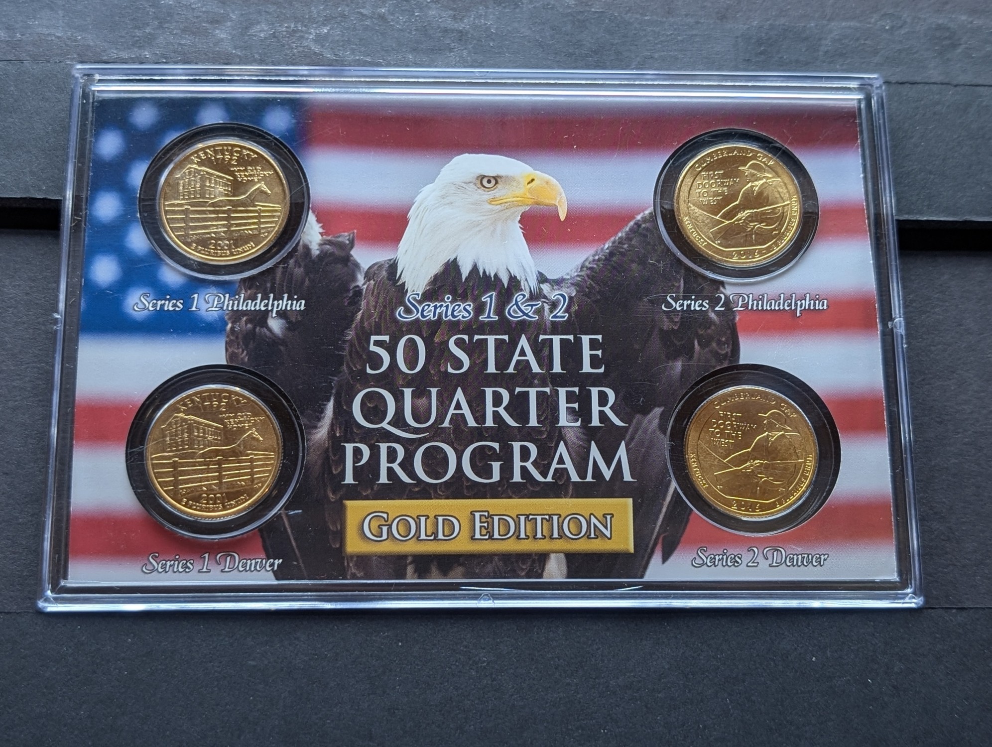 Gold (LAYERED) P&D Mint 2001 Kentucky Statehood & 2016 Cumberland Gap ATB Park Quarter 4-Coin Collection in Protective Plastic Case w/ COA