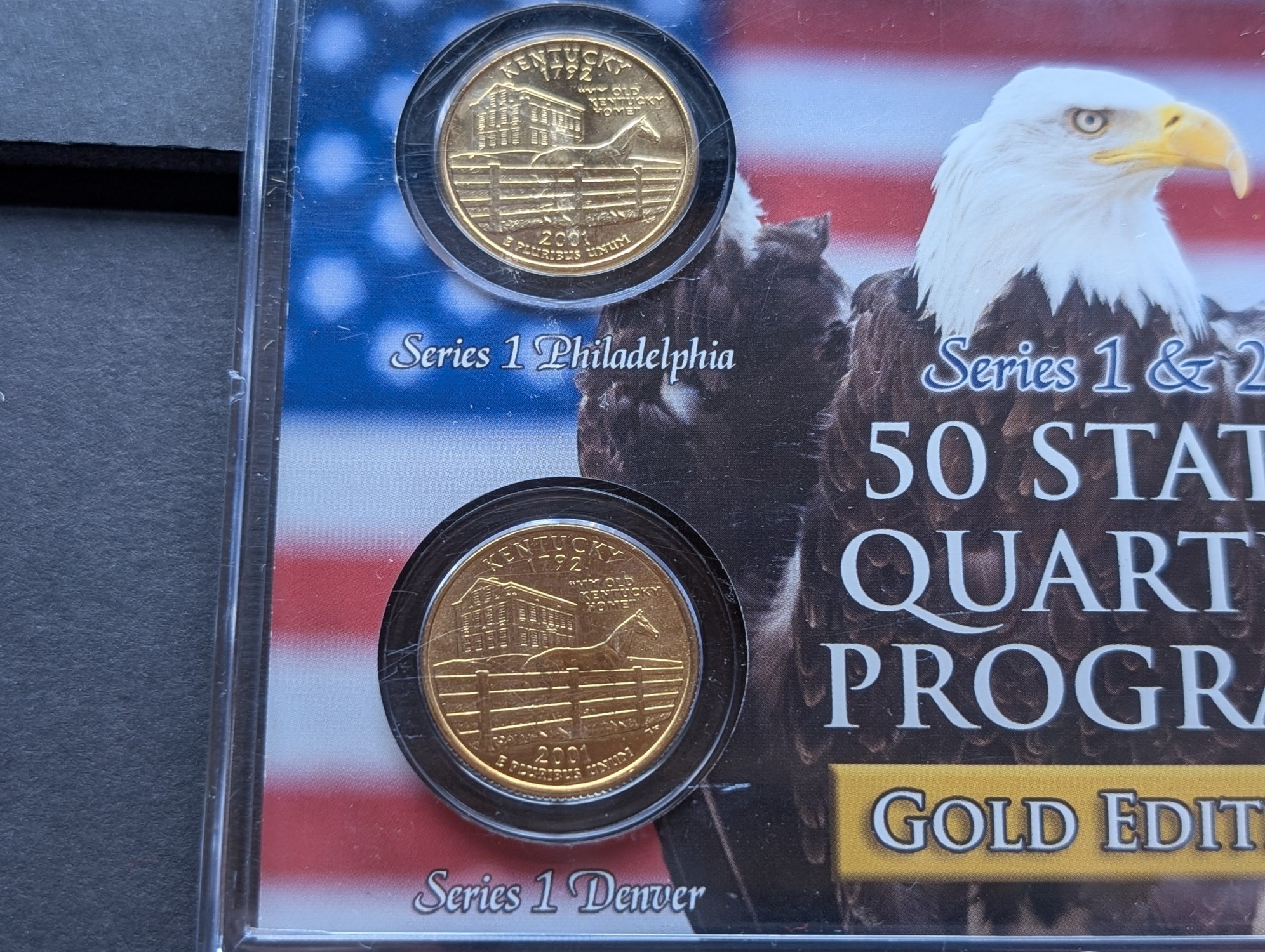 Gold (LAYERED) P&D Mint 2001 Kentucky Statehood & 2016 Cumberland Gap ATB Park Quarter 4-Coin Collection in Protective Plastic Case w/ COA