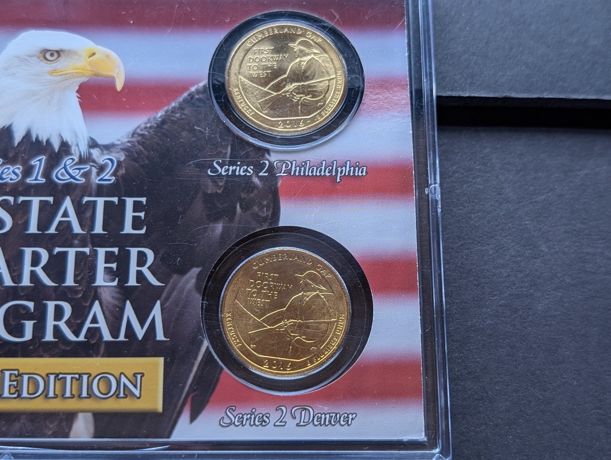 Gold (LAYERED) P&D Mint 2001 Kentucky Statehood & 2016 Cumberland Gap ATB Park Quarter 4-Coin Collection in Protective Plastic Case w/ COA