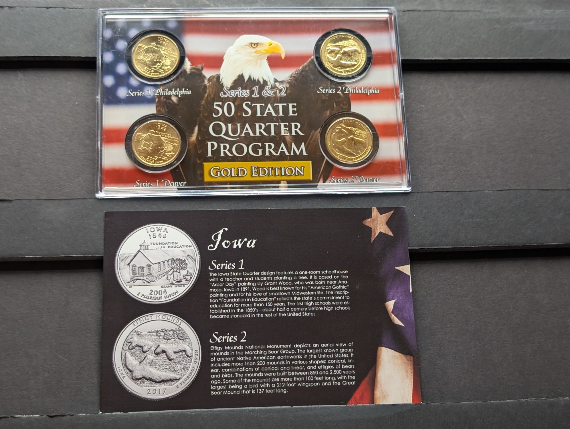 Gold (LAYERED) P&D Mint 2004 Iowa Statehood & 2017 Effigy Mounds ATB Park Quarter 4-Coin Collection in Protective Plastic Case w/ COA