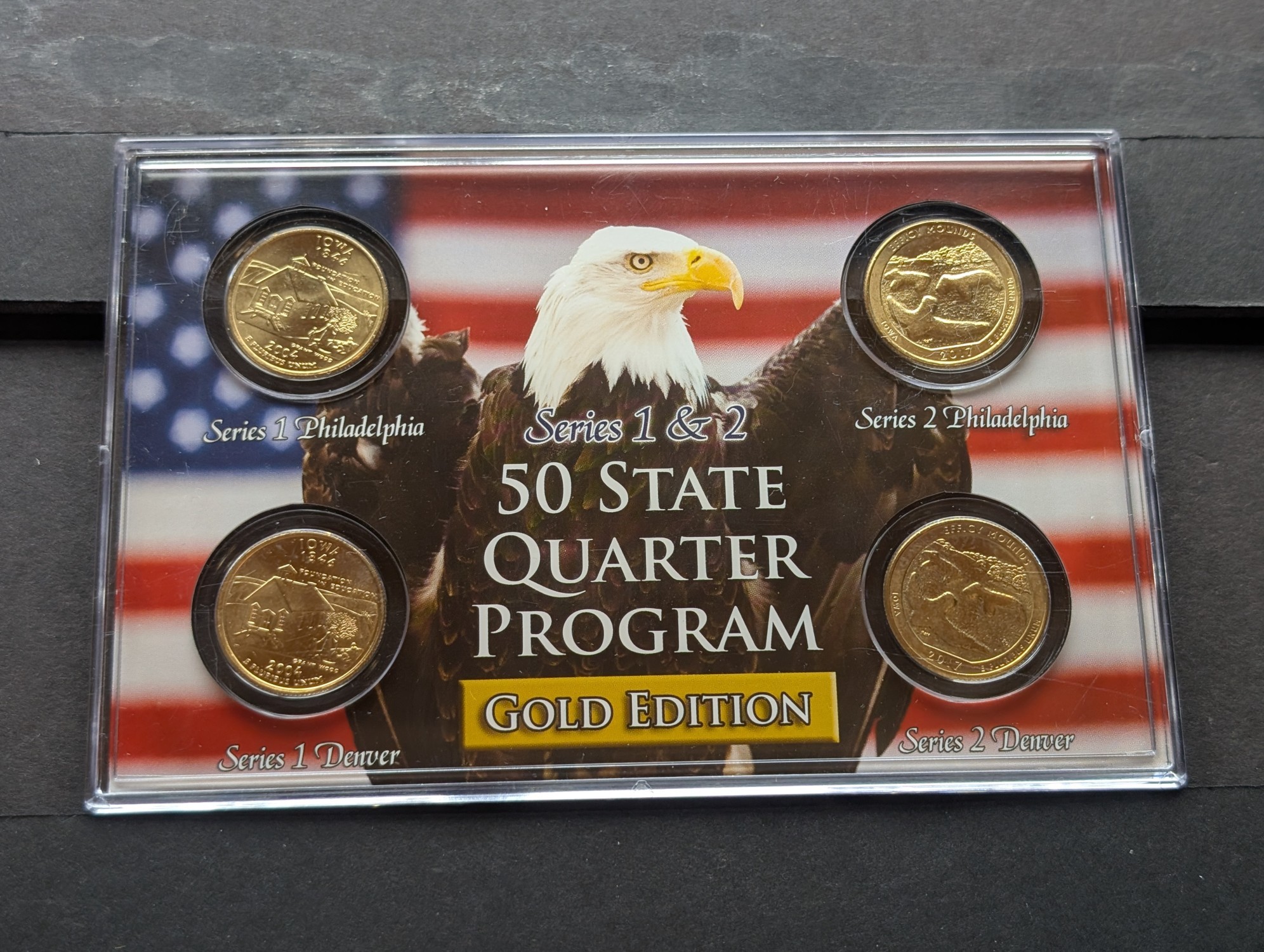 Gold (LAYERED) P&D Mint 2004 Iowa Statehood & 2017 Effigy Mounds ATB Park Quarter 4-Coin Collection in Protective Plastic Case w/ COA