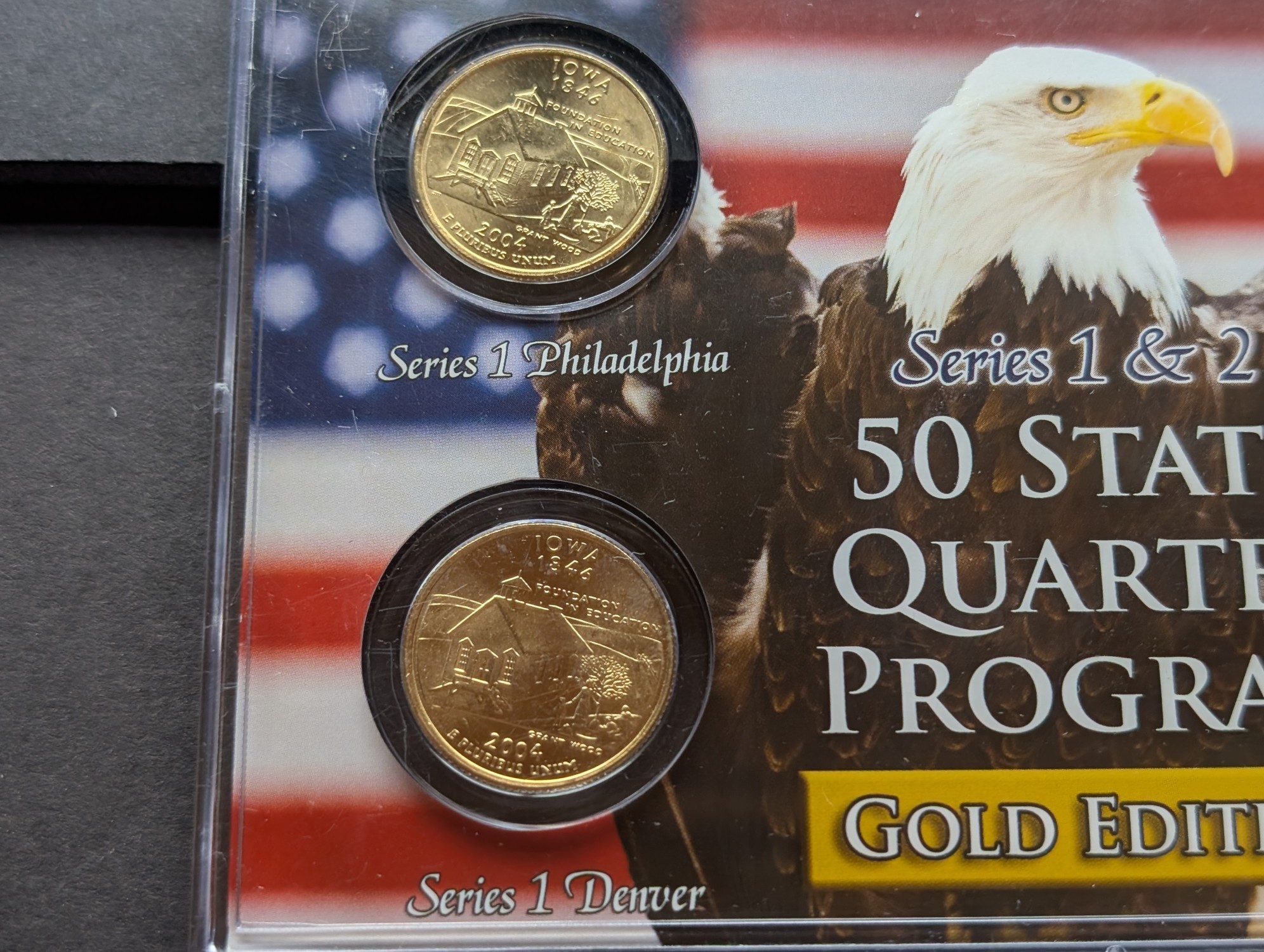 Gold (LAYERED) P&D Mint 2004 Iowa Statehood & 2017 Effigy Mounds ATB Park Quarter 4-Coin Collection in Protective Plastic Case w/ COA