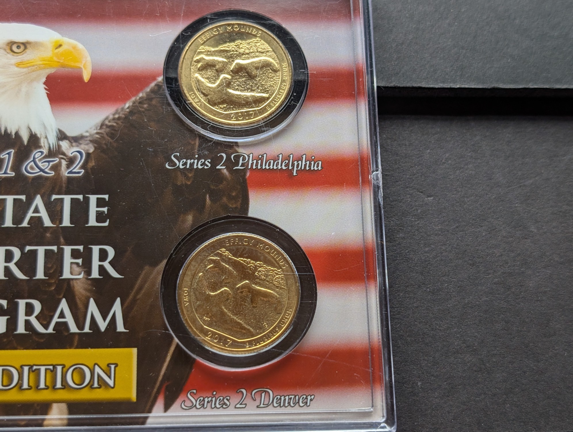 Gold (LAYERED) P&D Mint 2004 Iowa Statehood & 2017 Effigy Mounds ATB Park Quarter 4-Coin Collection in Protective Plastic Case w/ COA