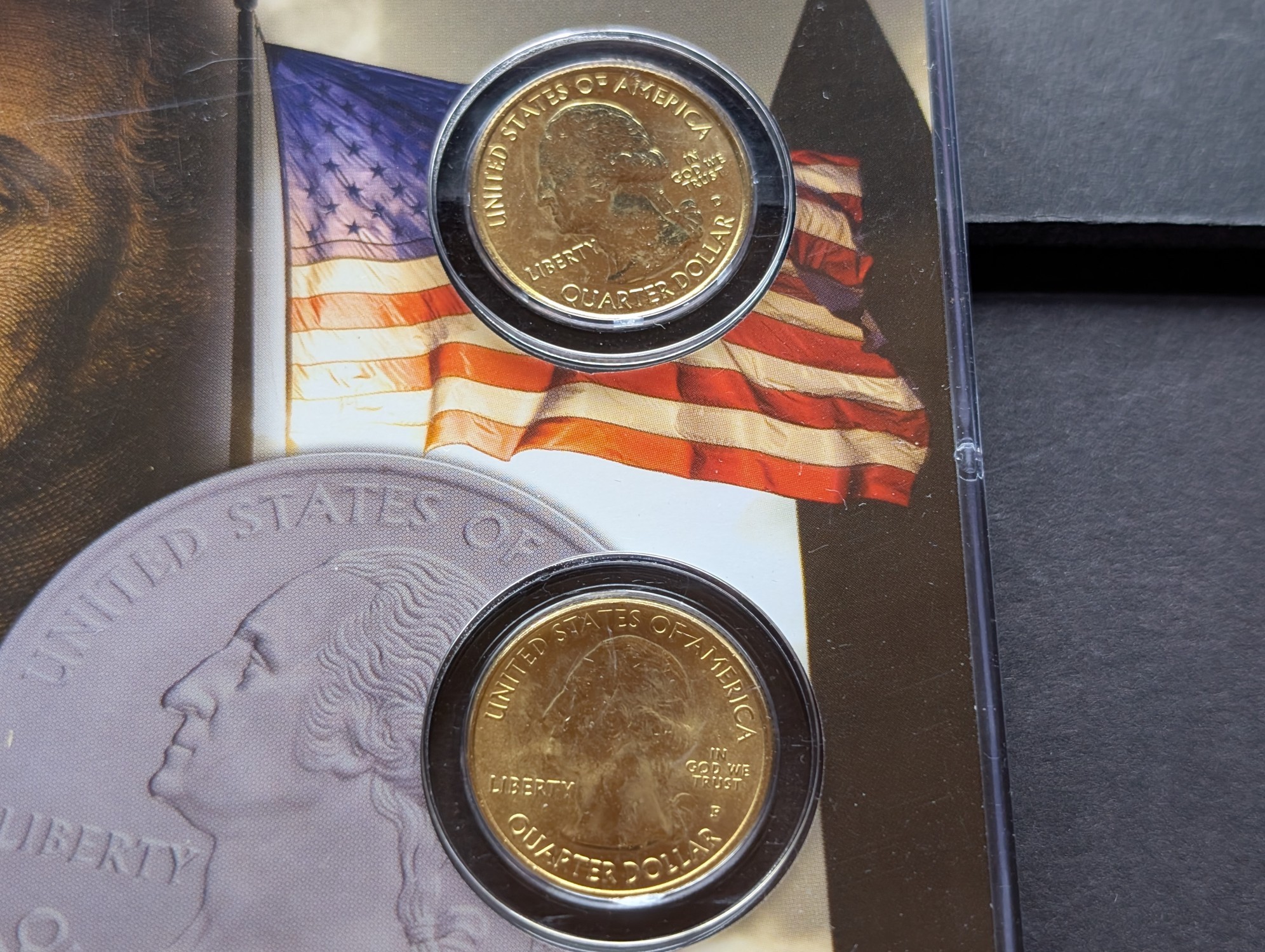 Gold (LAYERED) P&D Mint 2004 Iowa Statehood & 2017 Effigy Mounds ATB Park Quarter 4-Coin Collection in Protective Plastic Case w/ COA