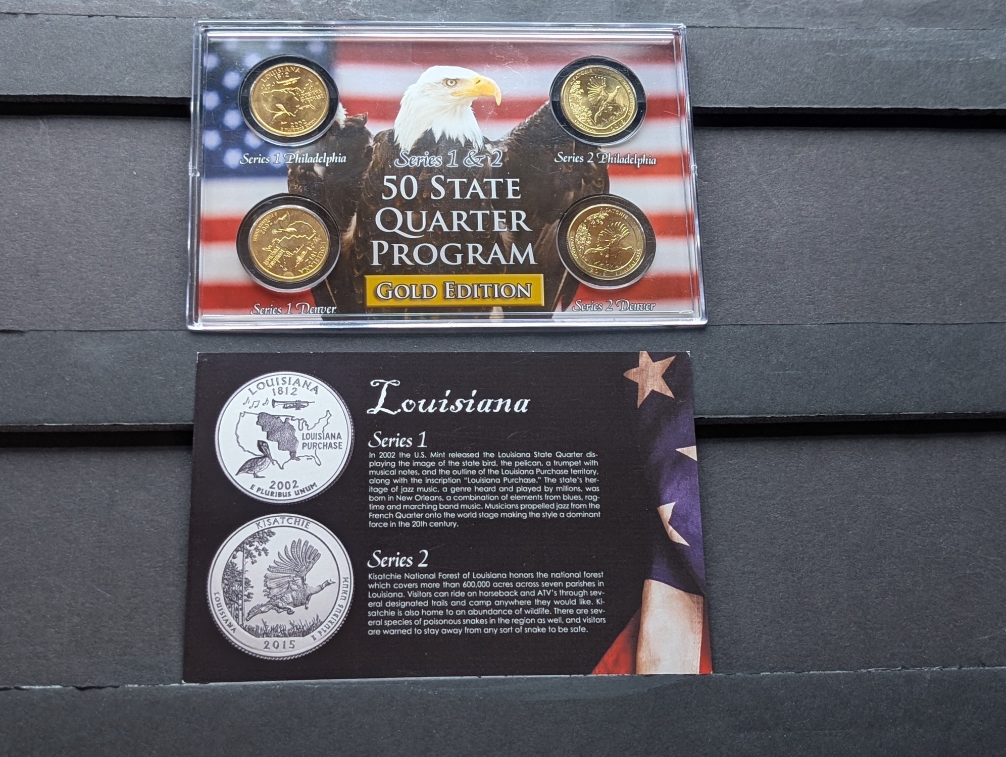 Gold (LAYERED) P&D Mint 2002 Louisiana Statehood & 2015 Kisatchie ATB Park Quarter 4-Coin Collection in Protective Plastic Case w/ COA