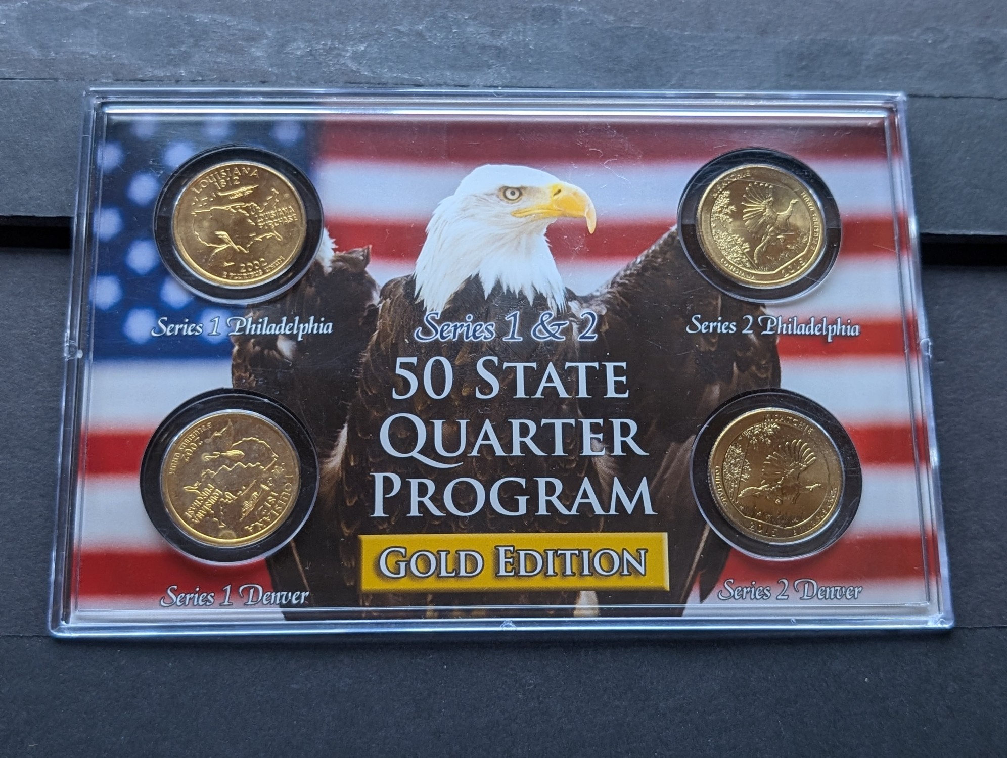 Gold (LAYERED) P&D Mint 2002 Louisiana Statehood & 2015 Kisatchie ATB Park Quarter 4-Coin Collection in Protective Plastic Case w/ COA