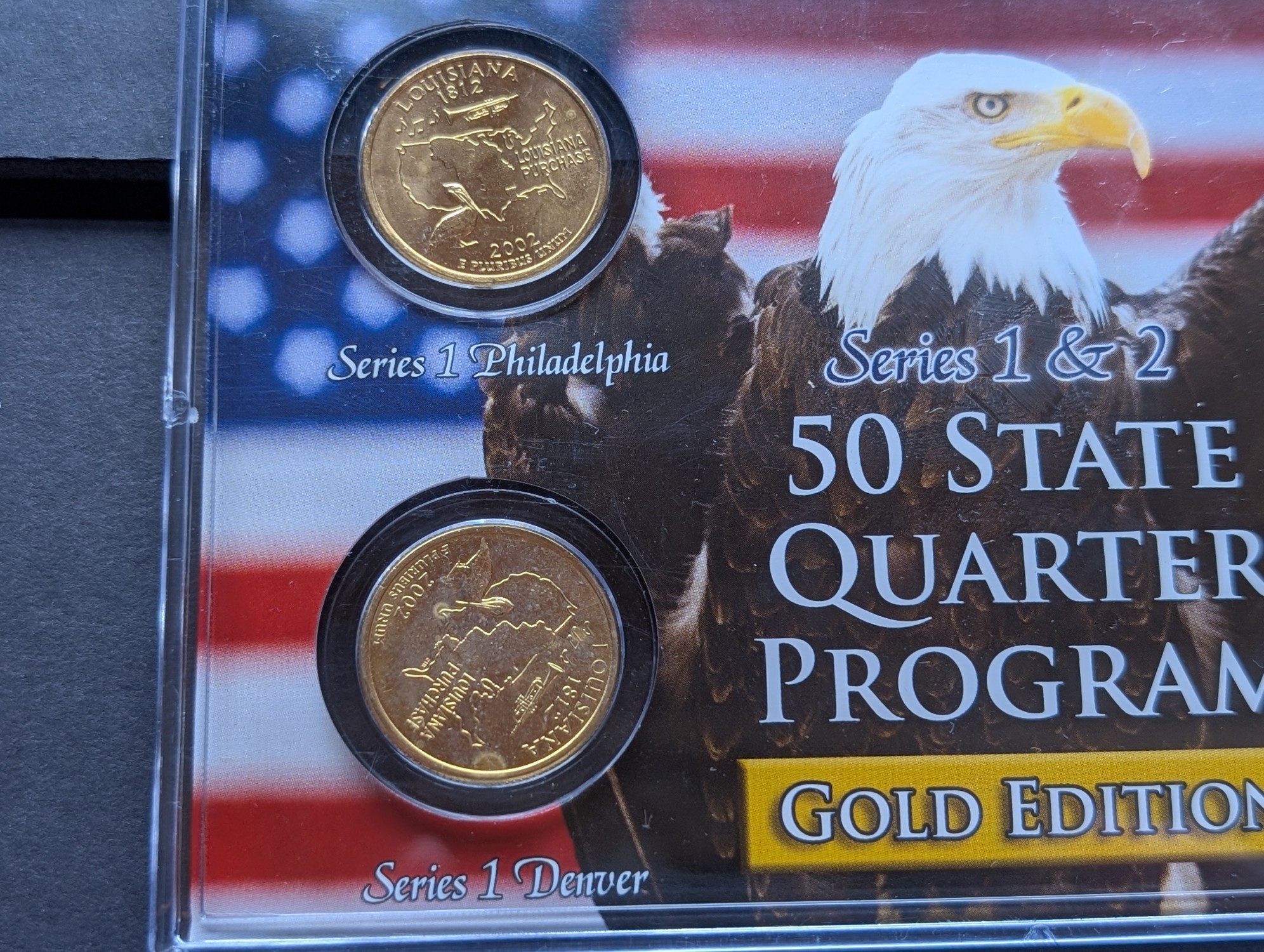 Gold (LAYERED) P&D Mint 2002 Louisiana Statehood & 2015 Kisatchie ATB Park Quarter 4-Coin Collection in Protective Plastic Case w/ COA